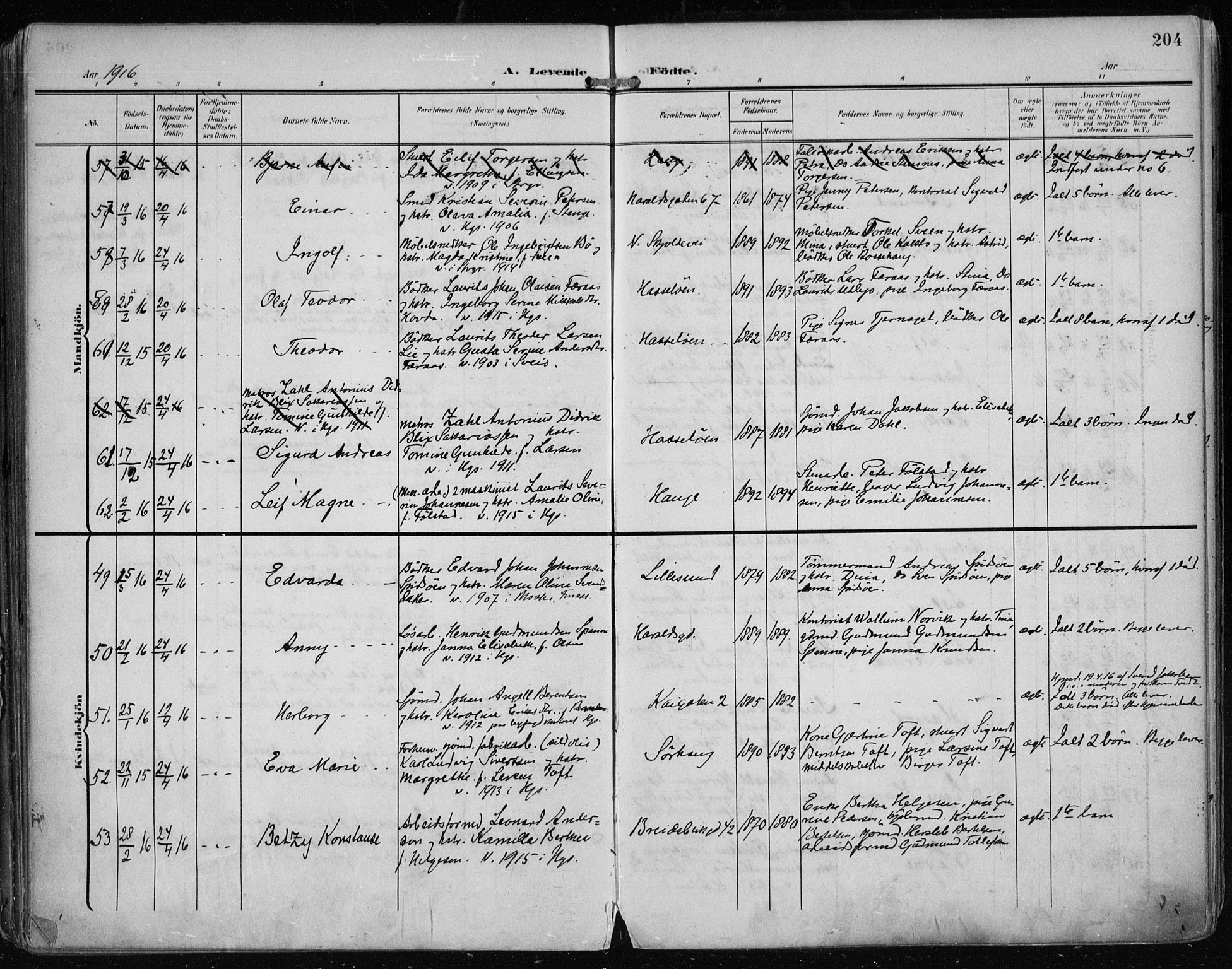 Haugesund sokneprestkontor, AV/SAST-A -101863/H/Ha/Haa/L0008: Parish register (official) no. A 8, 1908-1921, p. 204