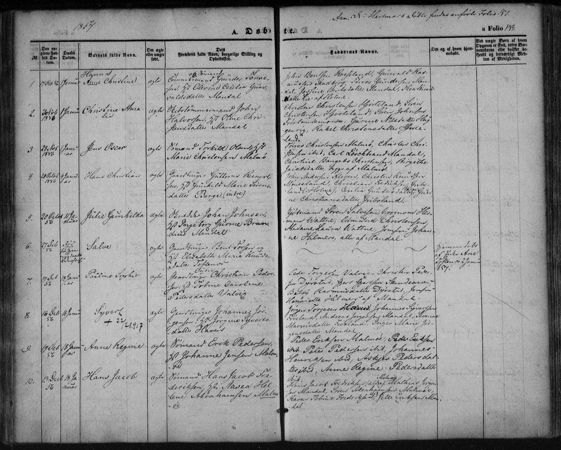 Mandal sokneprestkontor, SAK/1111-0030/F/Fa/Faa/L0013: Parish register (official) no. A 13, 1847-1859, p. 138