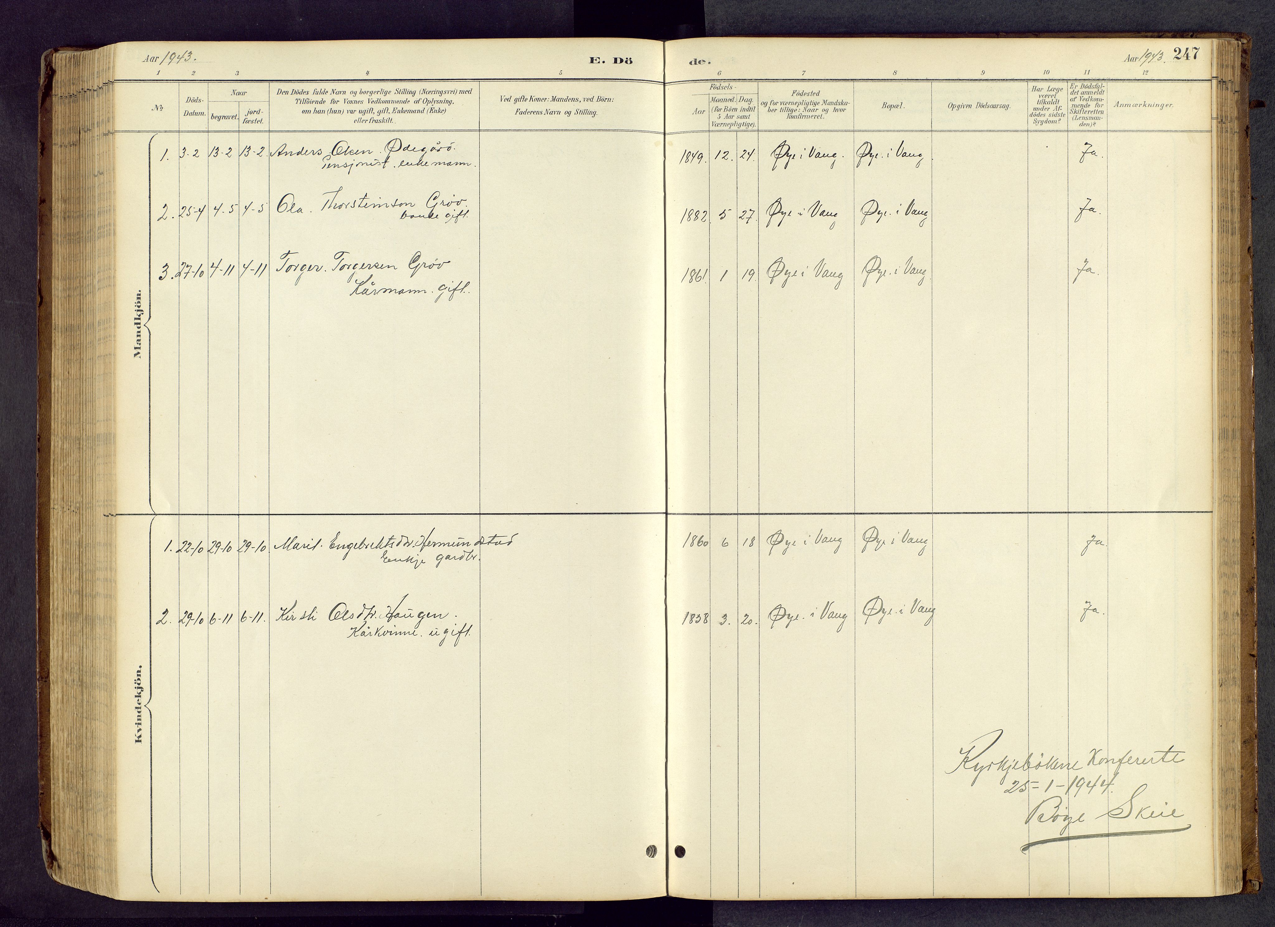 Vang prestekontor, Valdres, SAH/PREST-140/H/Hb/L0005: Parish register (copy) no. 5, 1889-1945, p. 247