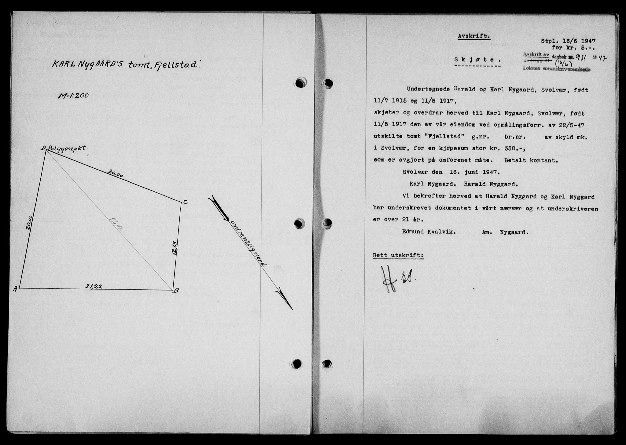 Lofoten sorenskriveri, SAT/A-0017/1/2/2C/L0016a: Mortgage book no. 16a, 1947-1947, Diary no: : 931/1947