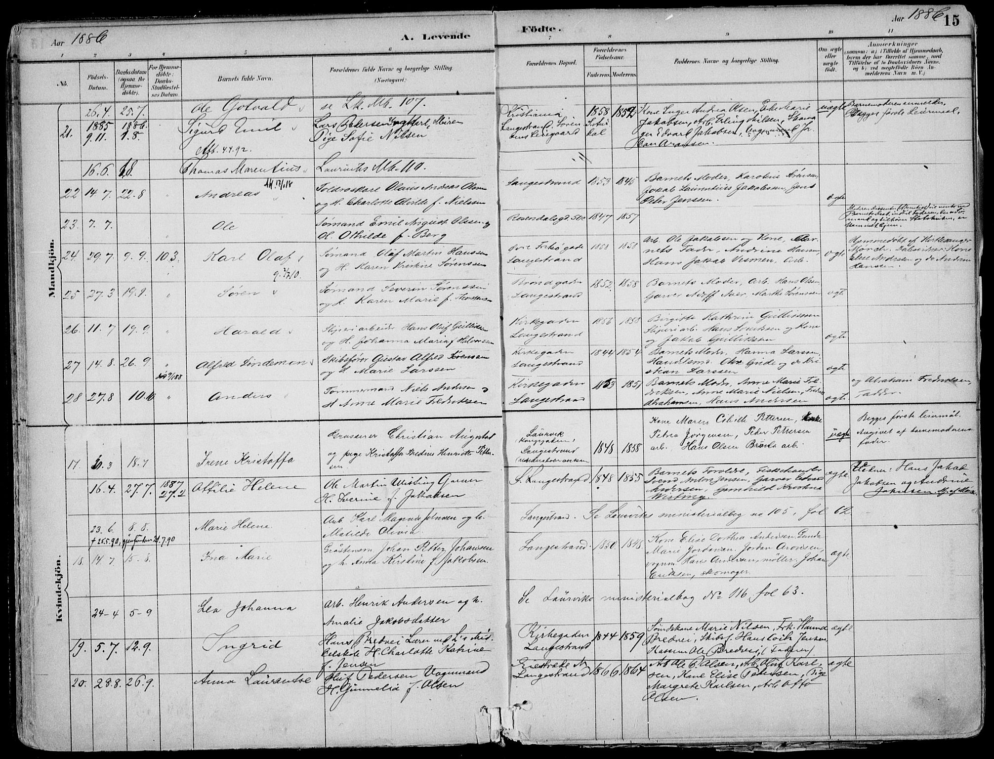 Larvik kirkebøker, AV/SAKO-A-352/F/Fb/L0004: Parish register (official) no. II 4, 1884-1902, p. 15