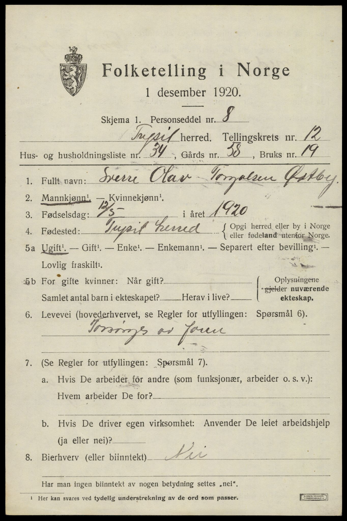 SAH, 1920 census for Trysil, 1920, p. 7581