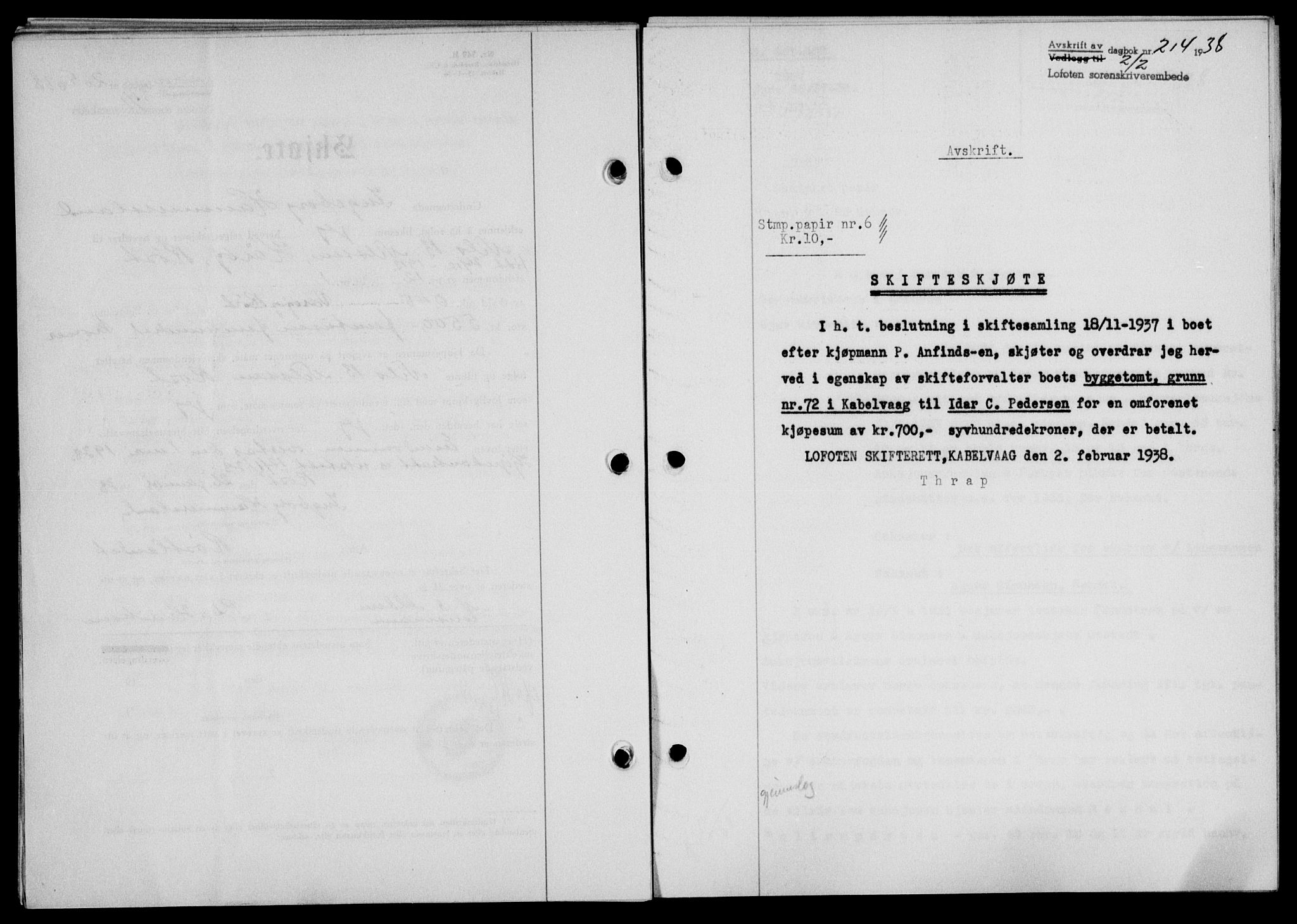 Lofoten sorenskriveri, SAT/A-0017/1/2/2C/L0003a: Mortgage book no. 3a, 1937-1938, Diary no: : 214/1938