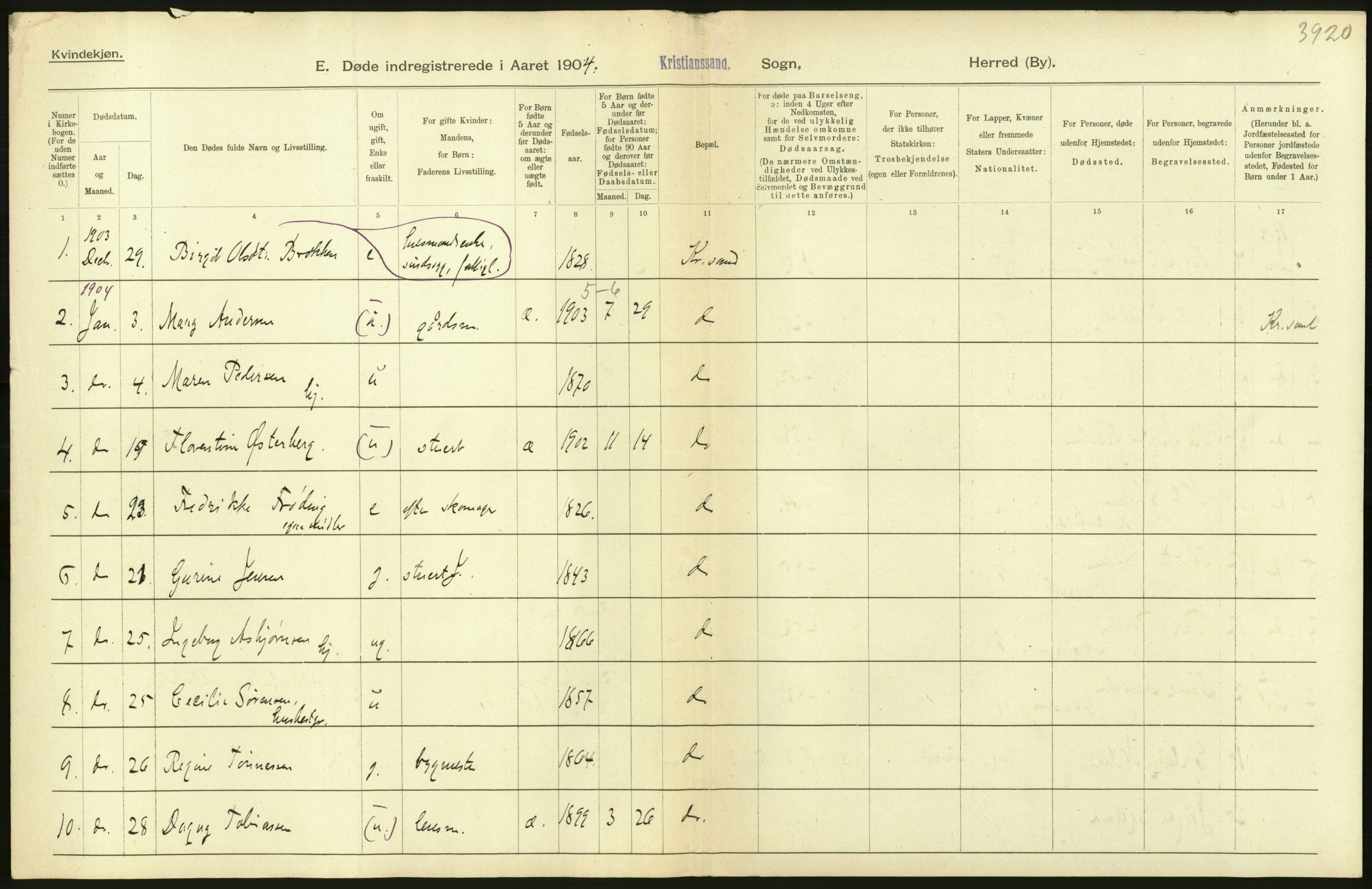 Statistisk sentralbyrå, Sosiodemografiske emner, Befolkning, AV/RA-S-2228/D/Df/Dfa/Dfab/L0011: Lister og Mandals amt: Fødte, gifte, døde, 1904, p. 602