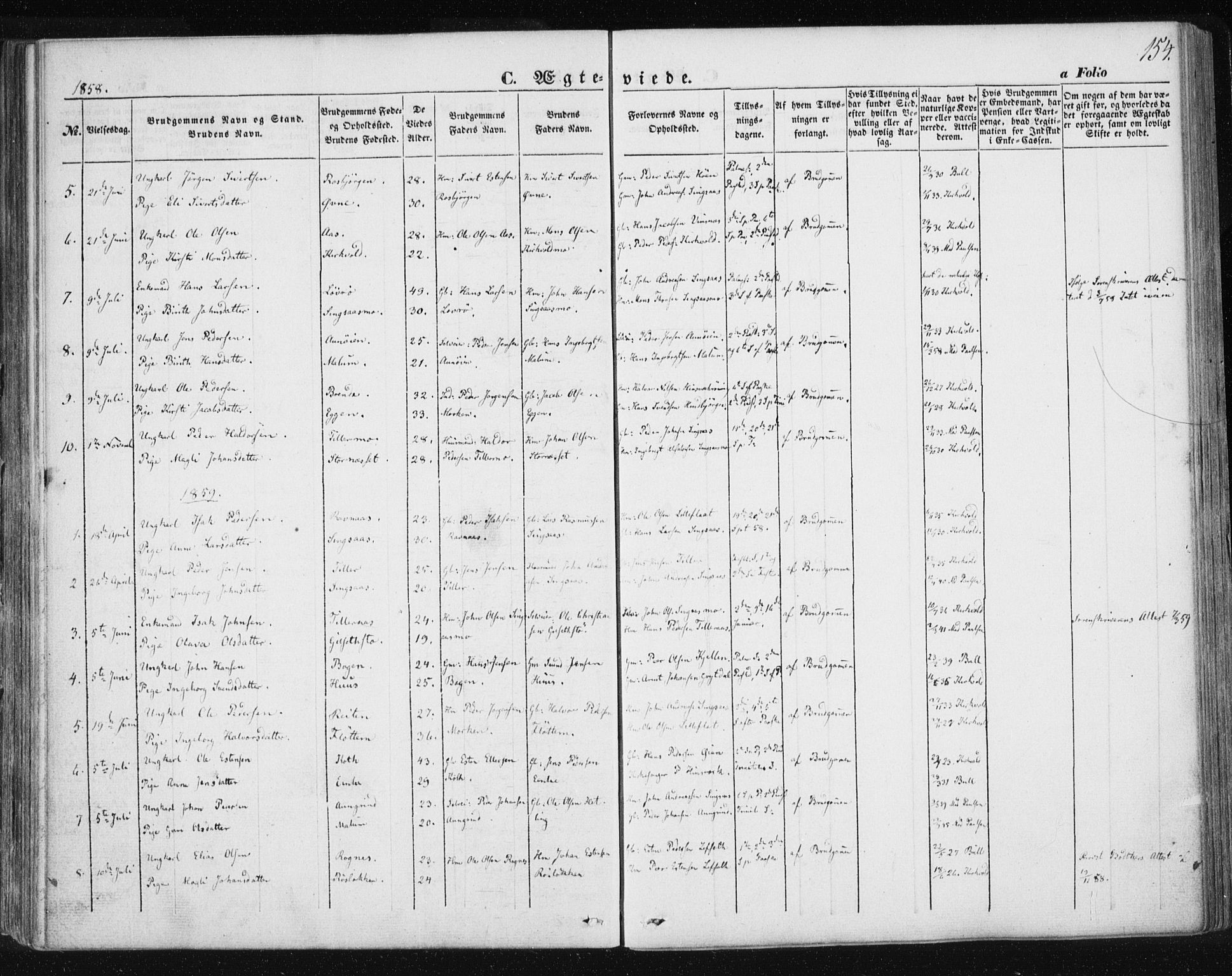 Ministerialprotokoller, klokkerbøker og fødselsregistre - Sør-Trøndelag, SAT/A-1456/685/L0964: Parish register (official) no. 685A06 /2, 1846-1859, p. 154