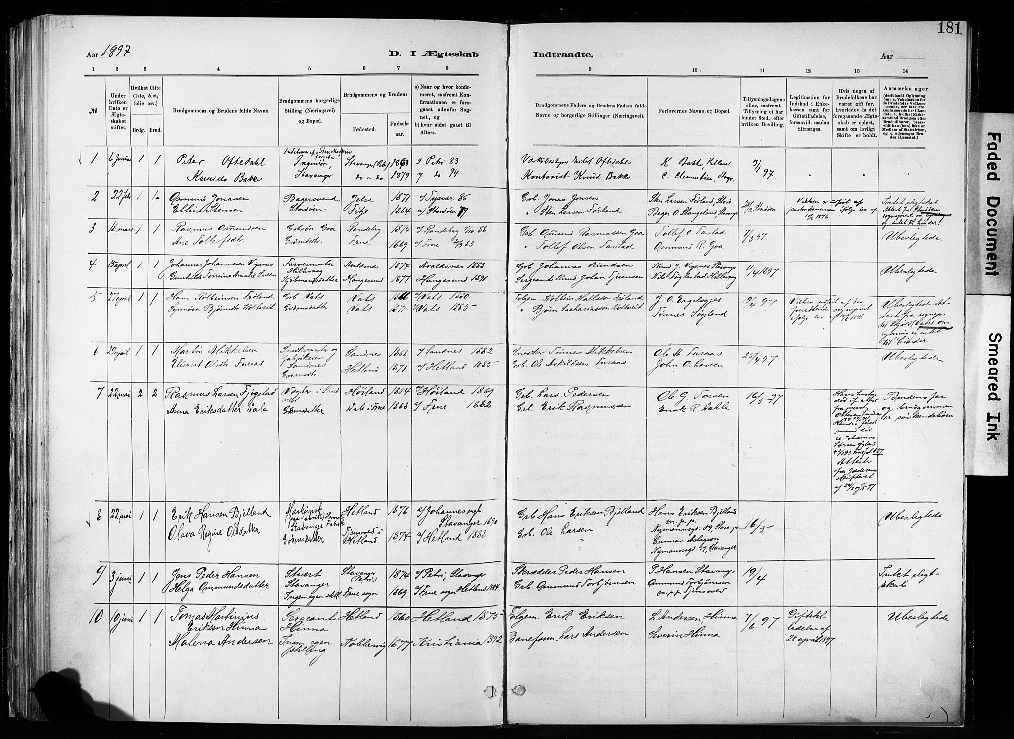 Hetland sokneprestkontor, SAST/A-101826/30/30BA/L0011: Parish register (official) no. A 11, 1884-1911, p. 181