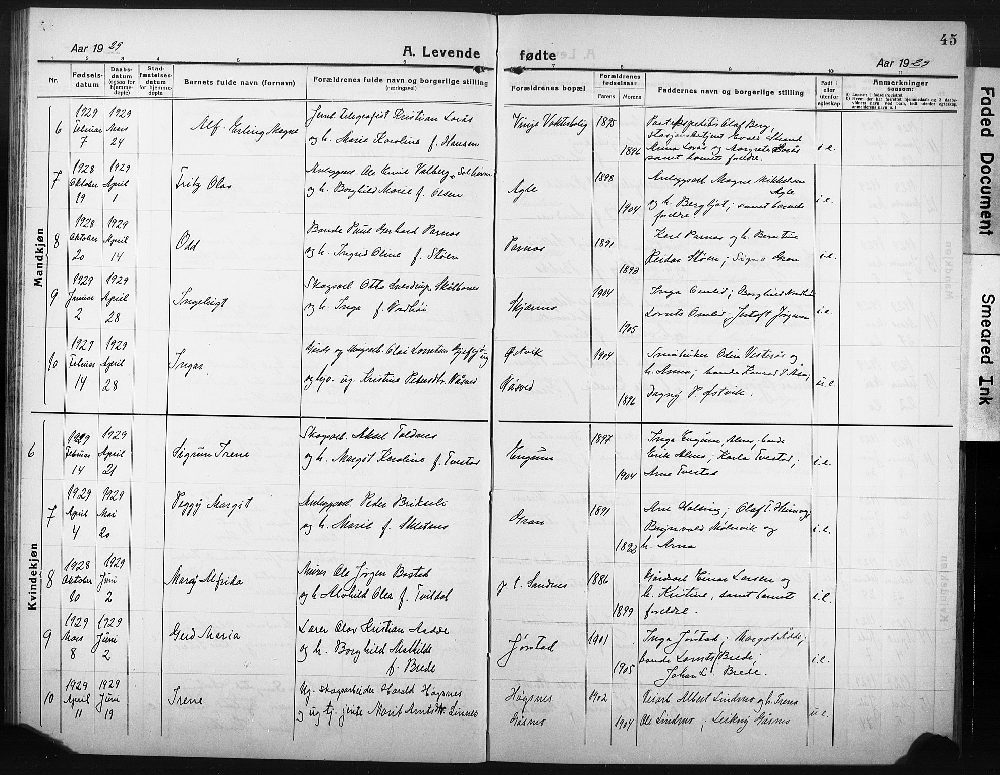 Ministerialprotokoller, klokkerbøker og fødselsregistre - Nord-Trøndelag, SAT/A-1458/749/L0480: Parish register (copy) no. 749C02, 1924-1932, p. 45