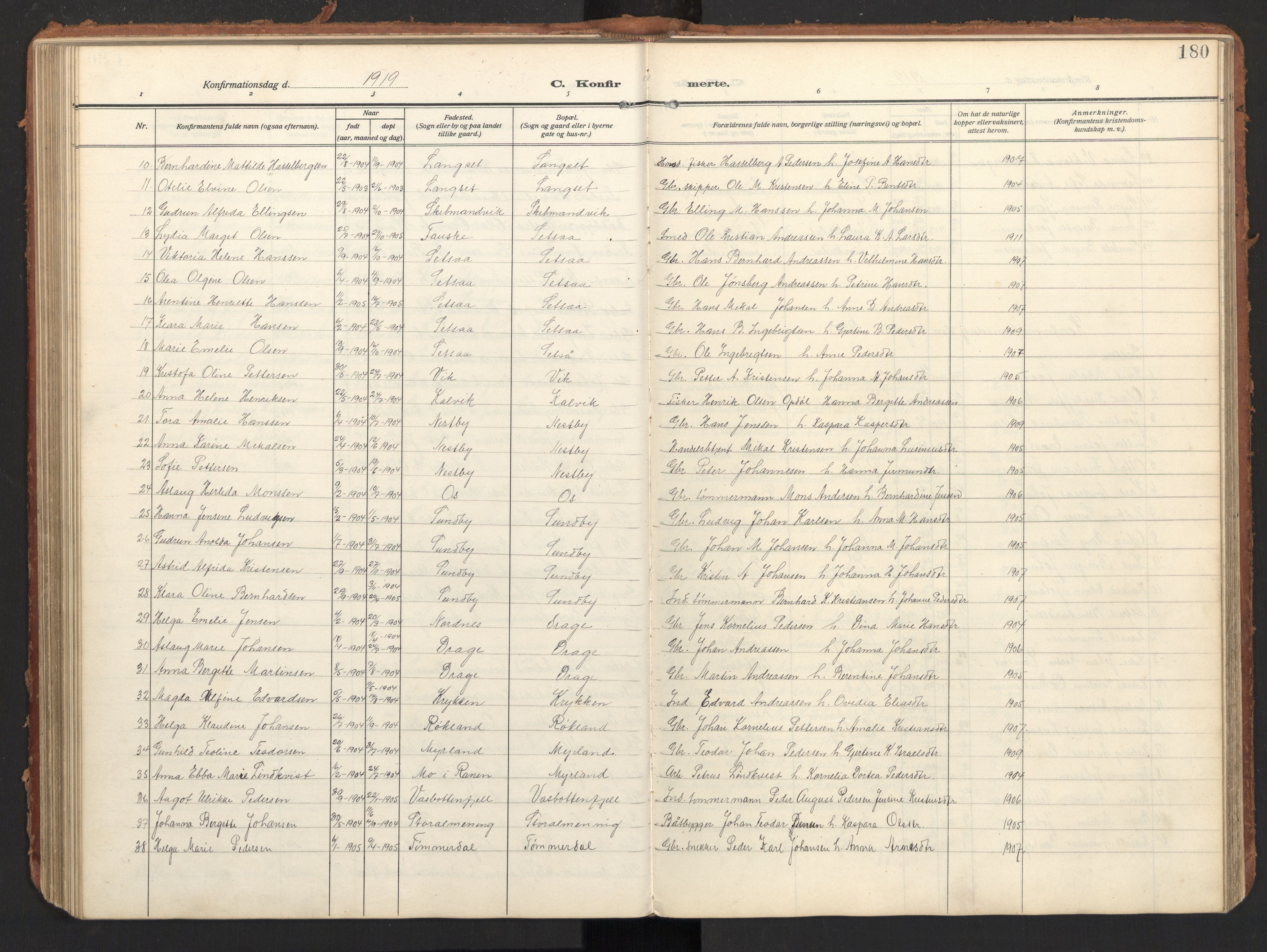 Ministerialprotokoller, klokkerbøker og fødselsregistre - Nordland, AV/SAT-A-1459/847/L0683: Parish register (copy) no. 847C11, 1908-1929, p. 180