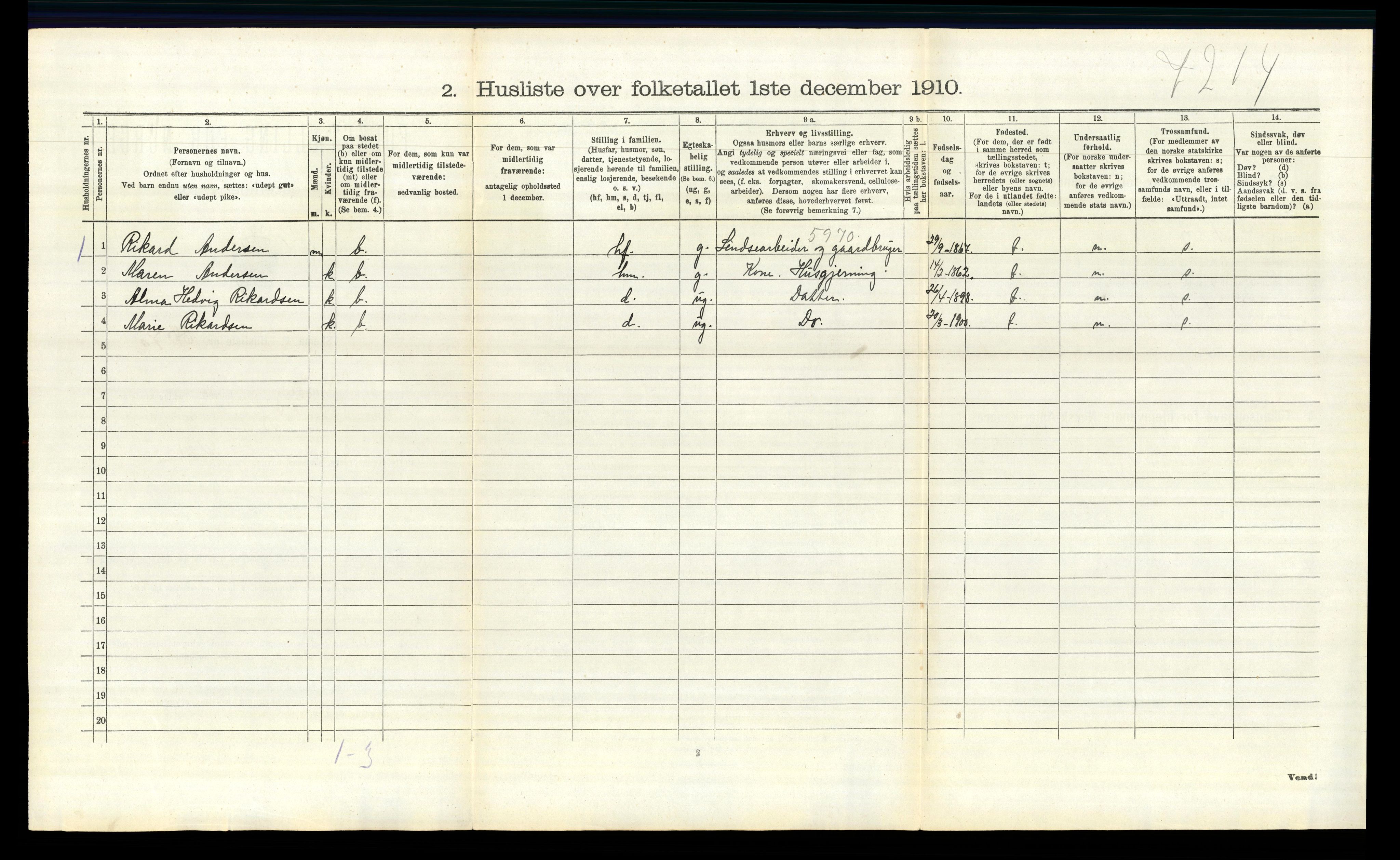 RA, 1910 census for Varteig, 1910, p. 282