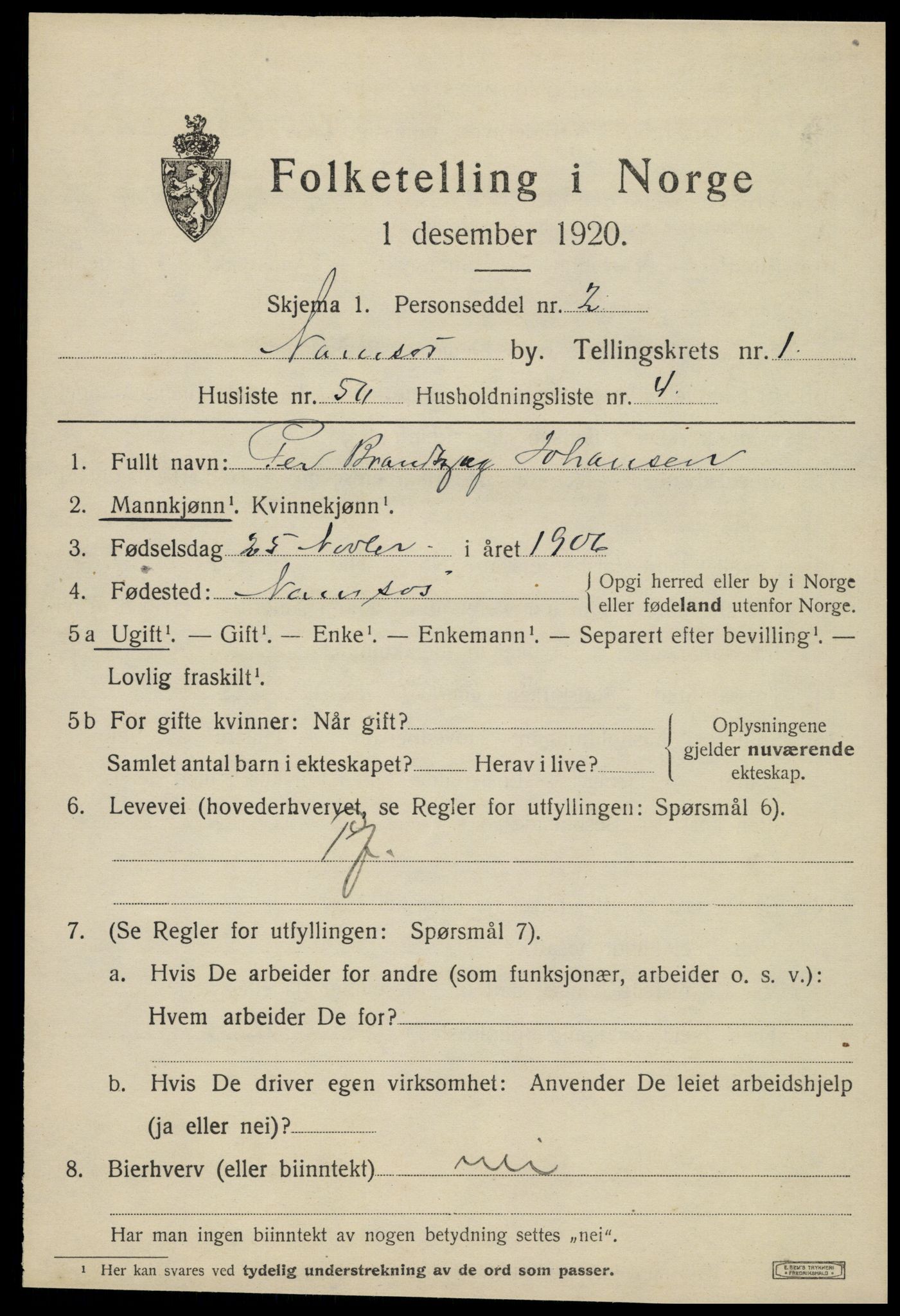 SAT, 1920 census for Namsos, 1920, p. 3131