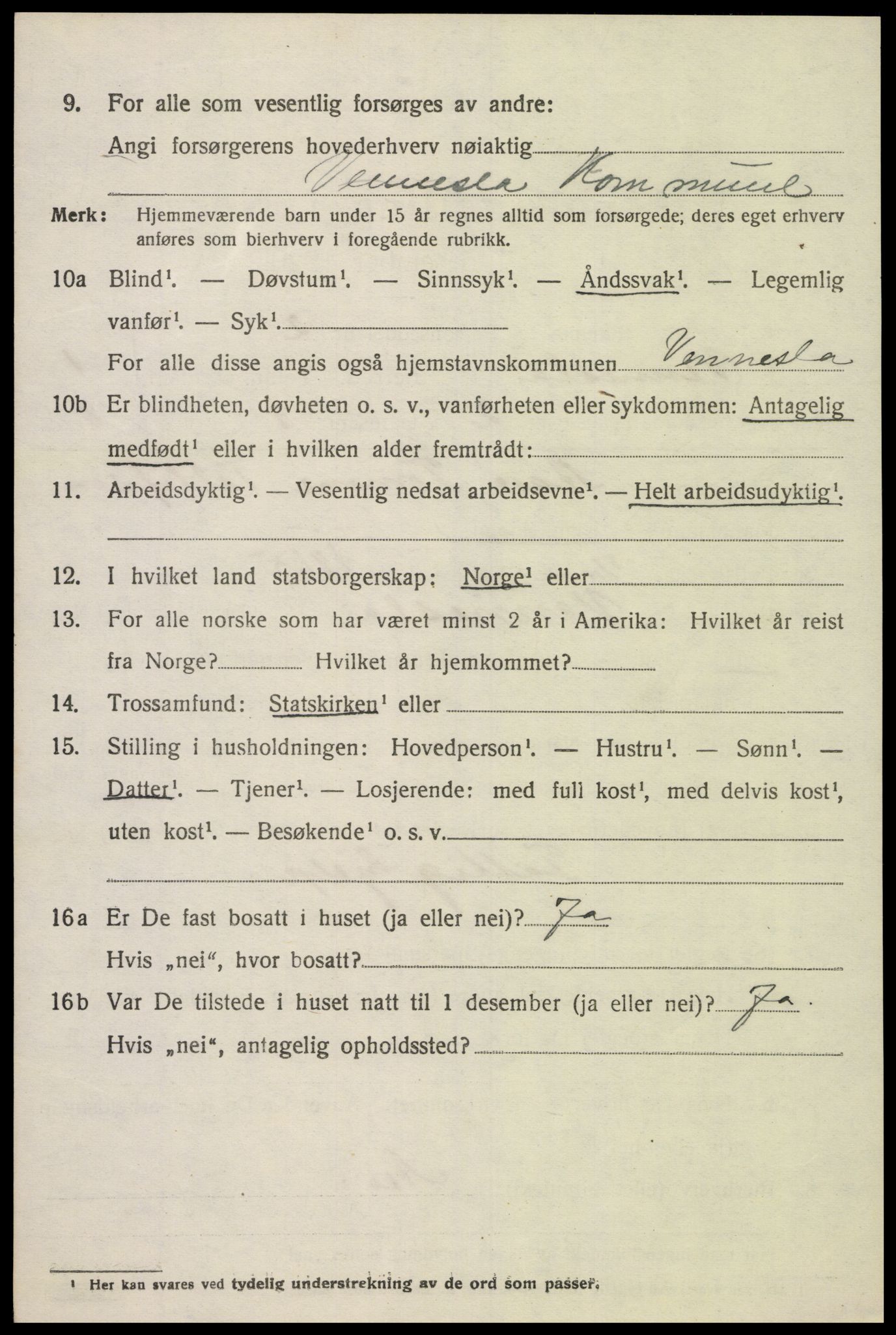 SAK, 1920 census for Vennesla, 1920, p. 947