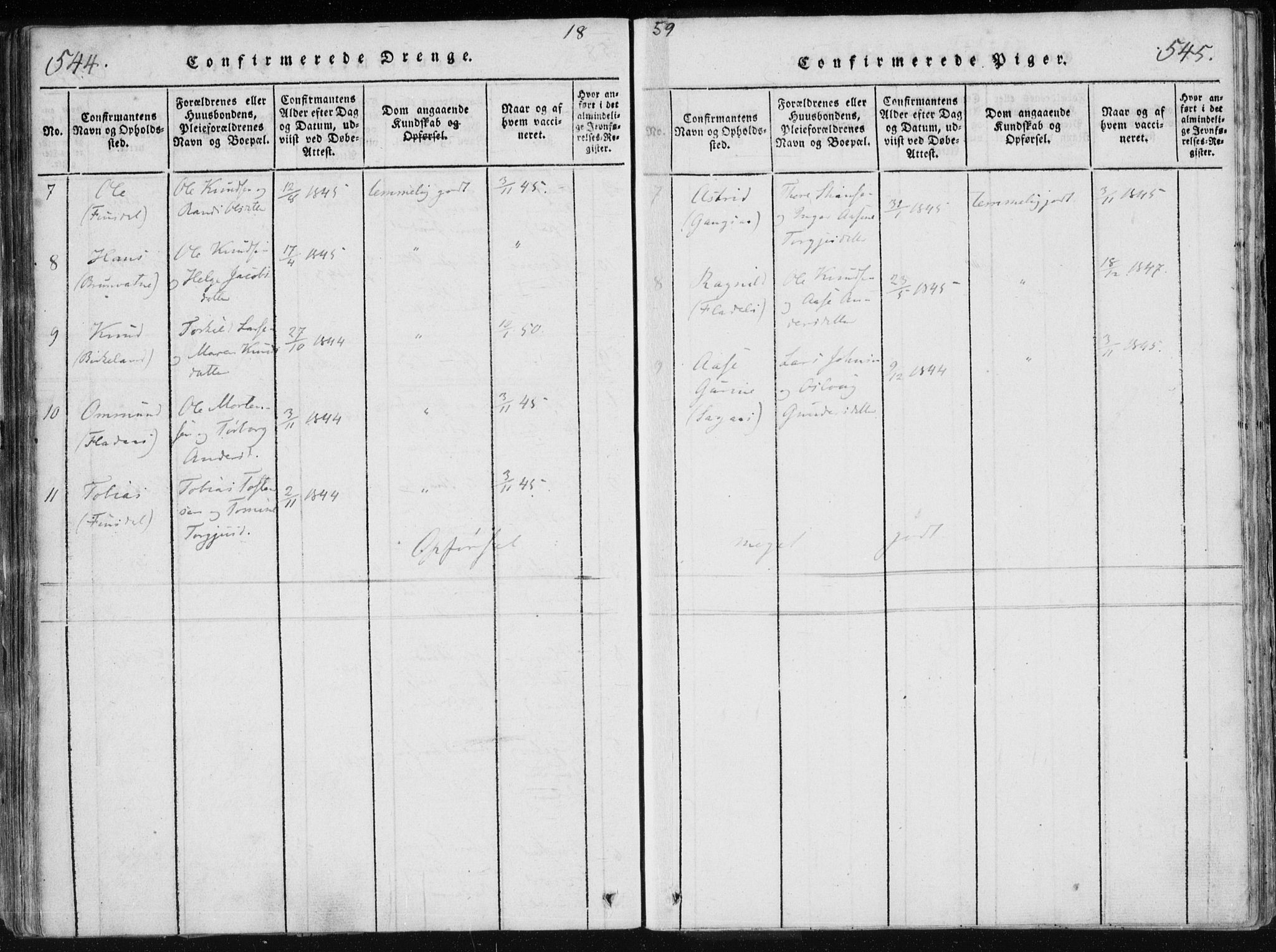 Holum sokneprestkontor, AV/SAK-1111-0022/F/Fa/Fac/L0002: Parish register (official) no. A 2, 1821-1859, p. 544-545