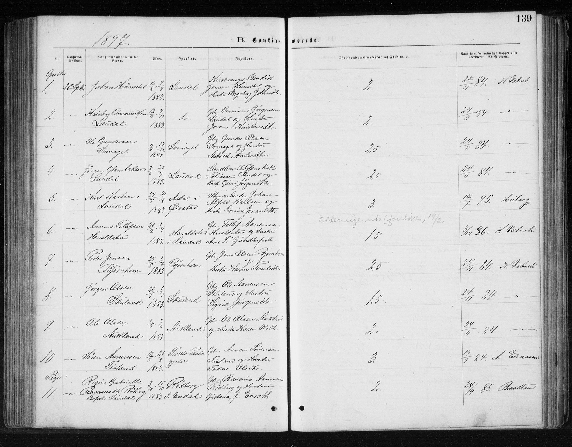 Holum sokneprestkontor, SAK/1111-0022/F/Fb/Fbb/L0003: Parish register (copy) no. B 3, 1875-1898, p. 139