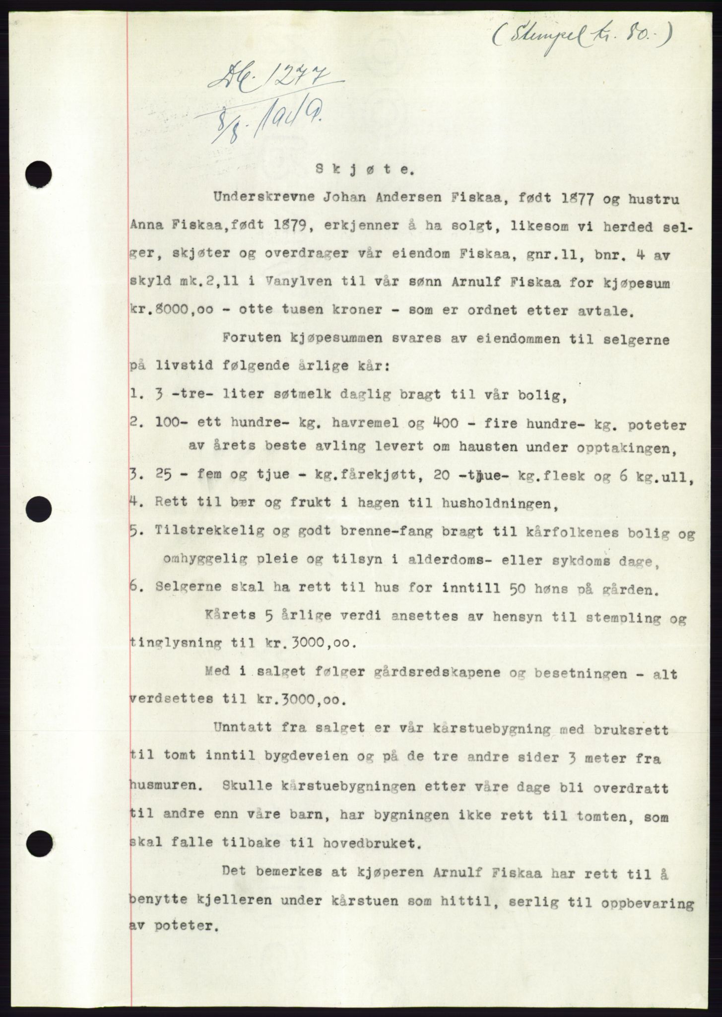 Søre Sunnmøre sorenskriveri, AV/SAT-A-4122/1/2/2C/L0084: Mortgage book no. 10A, 1949-1949, Diary no: : 1277/1949