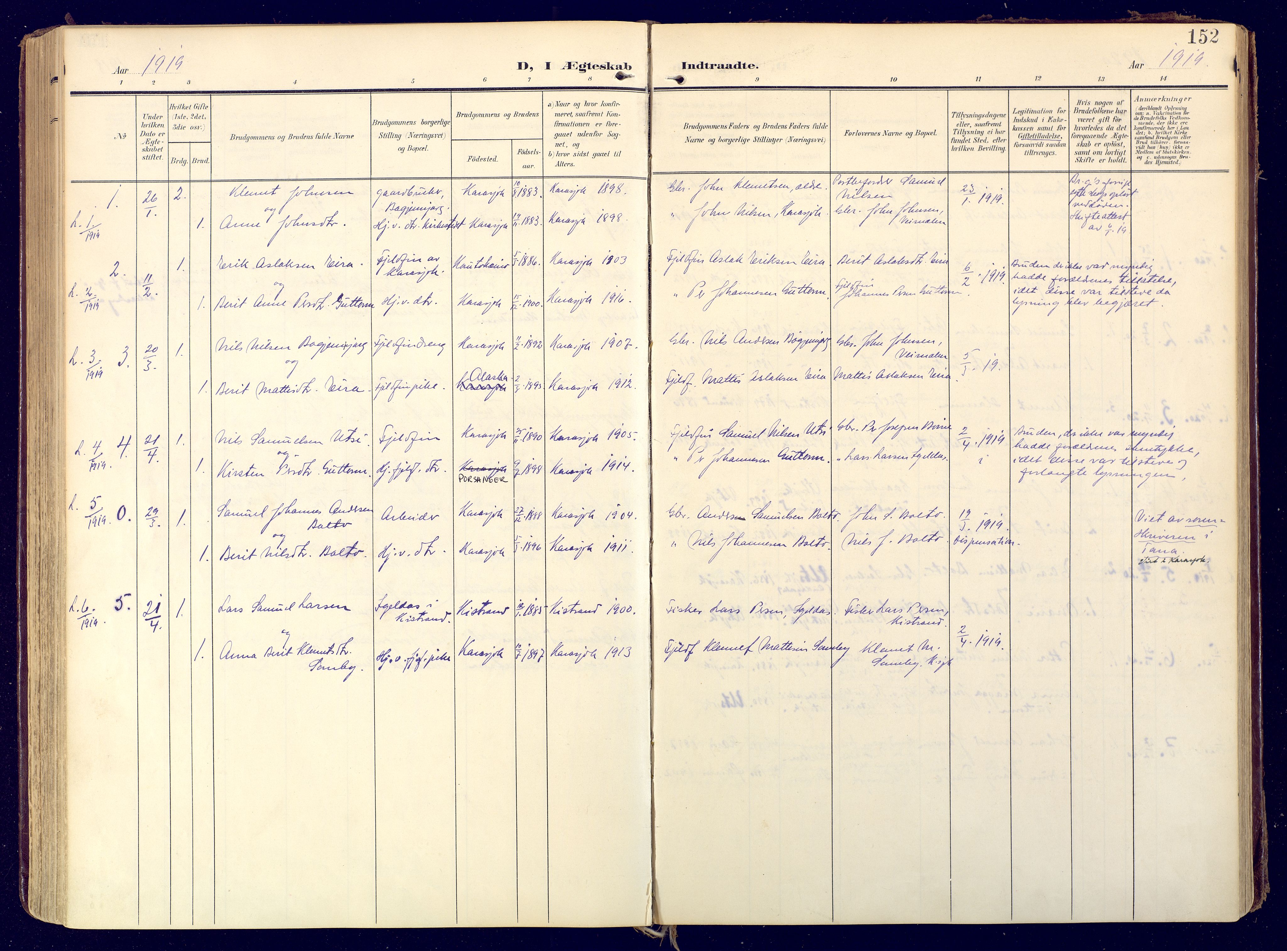 Karasjok sokneprestkontor, SATØ/S-1352/H/Ha: Parish register (official) no. 3, 1907-1926, p. 152