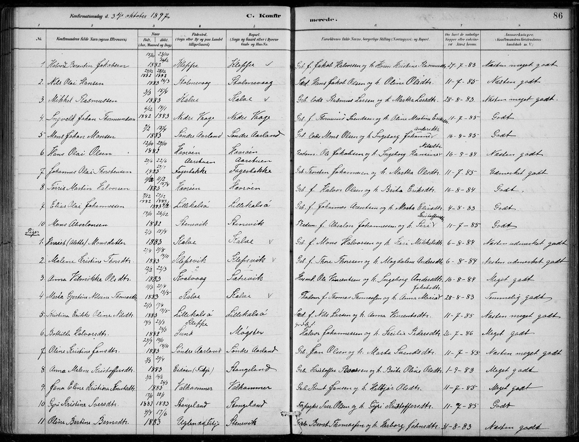 Sund sokneprestembete, AV/SAB-A-99930: Parish register (official) no. D 1, 1882-1899, p. 86