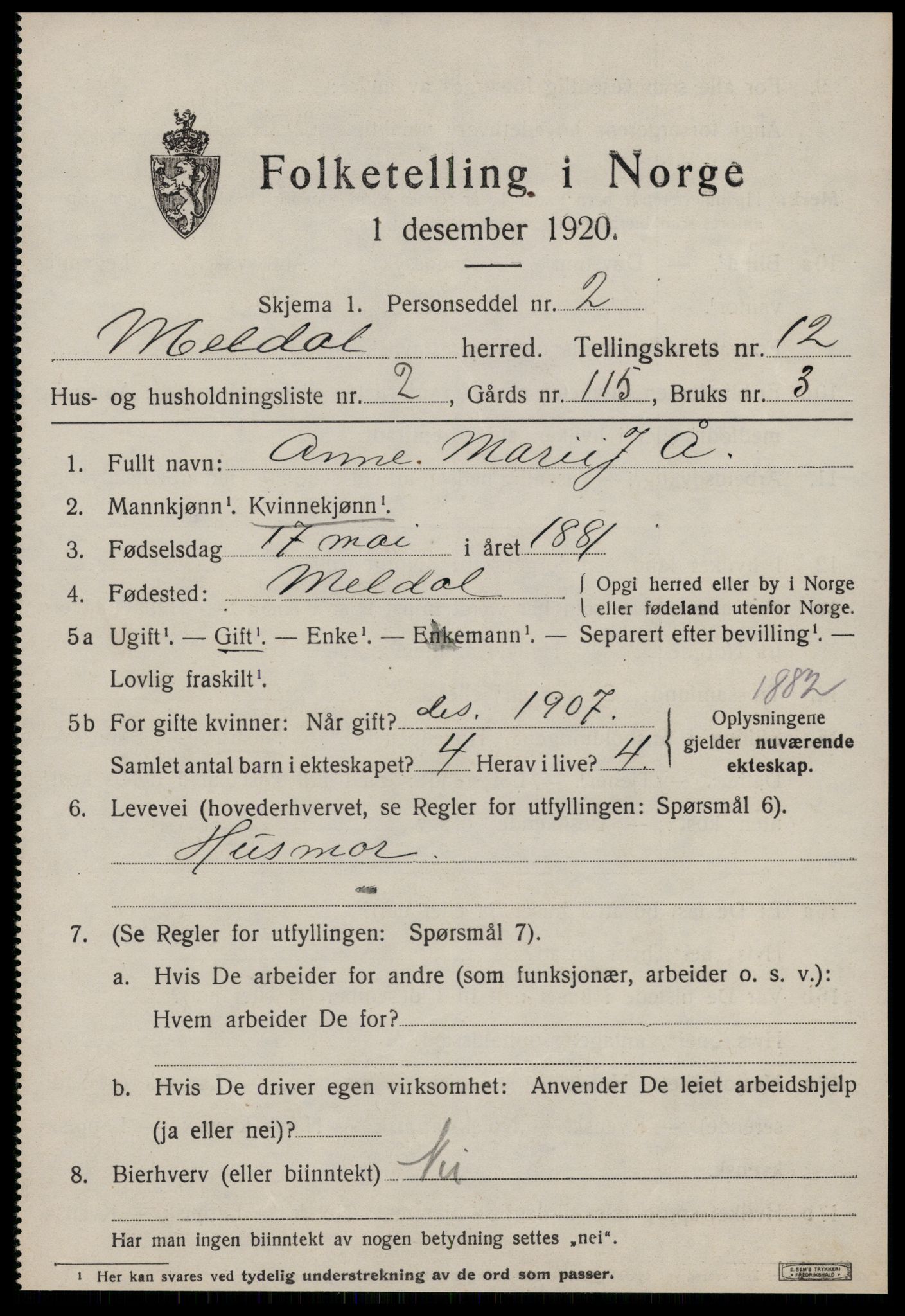 SAT, 1920 census for Meldal, 1920, p. 9151