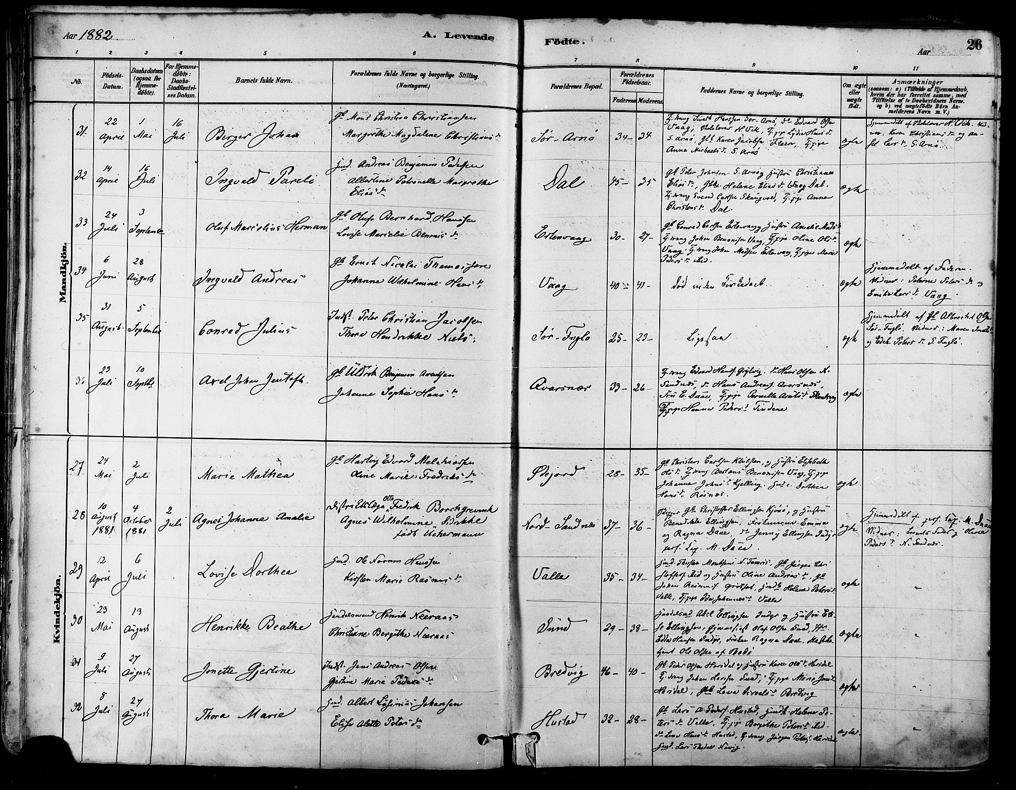 Ministerialprotokoller, klokkerbøker og fødselsregistre - Nordland, SAT/A-1459/805/L0099: Parish register (official) no. 805A06, 1880-1891, p. 26