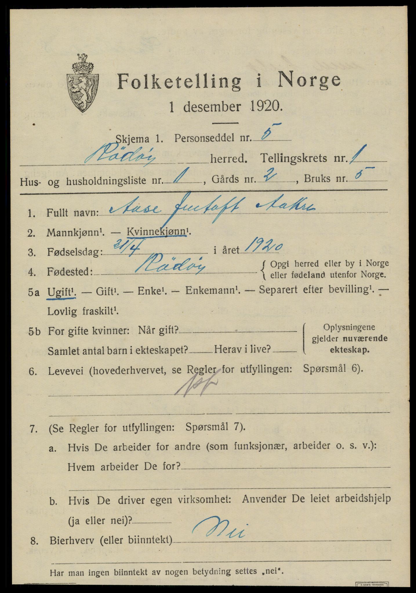 SAT, 1920 census for Rødøy, 1920, p. 974