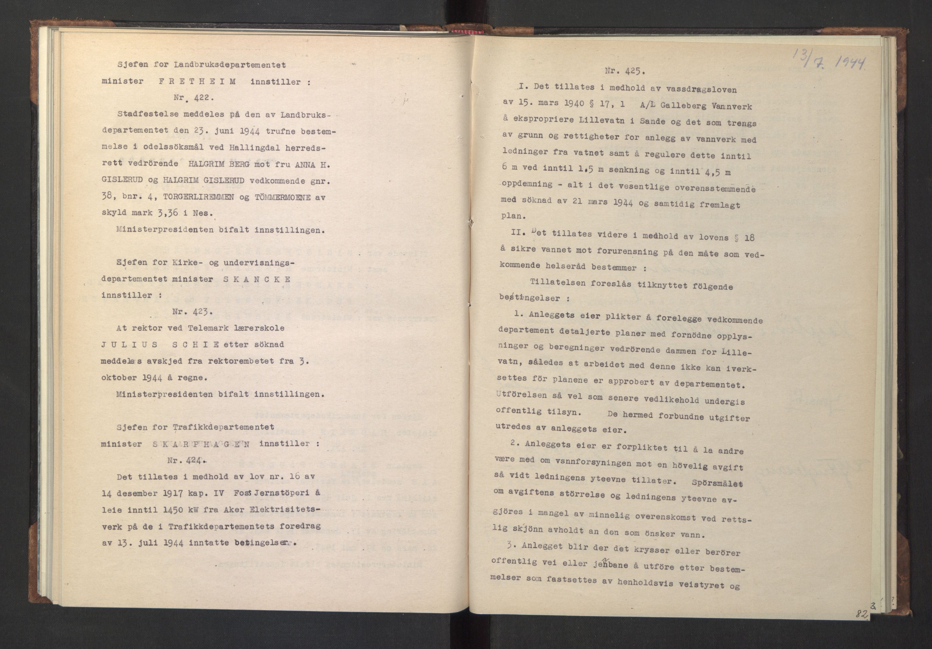 NS-administrasjonen 1940-1945 (Statsrådsekretariatet, de kommisariske statsråder mm), RA/S-4279/D/Da/L0005: Protokoll fra ministermøter, 1944, p. 84
