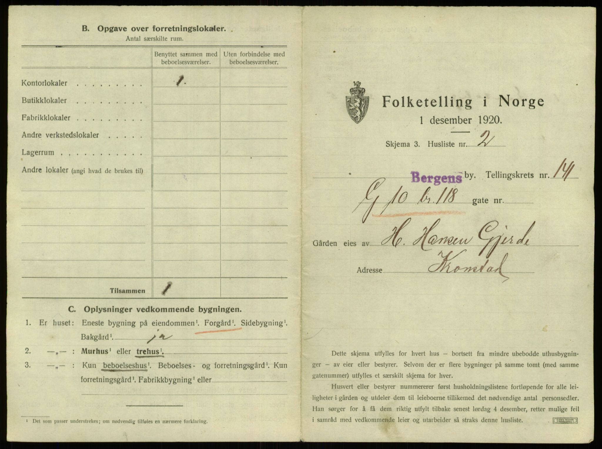SAB, 1920 census for Bergen, 1920, p. 13174