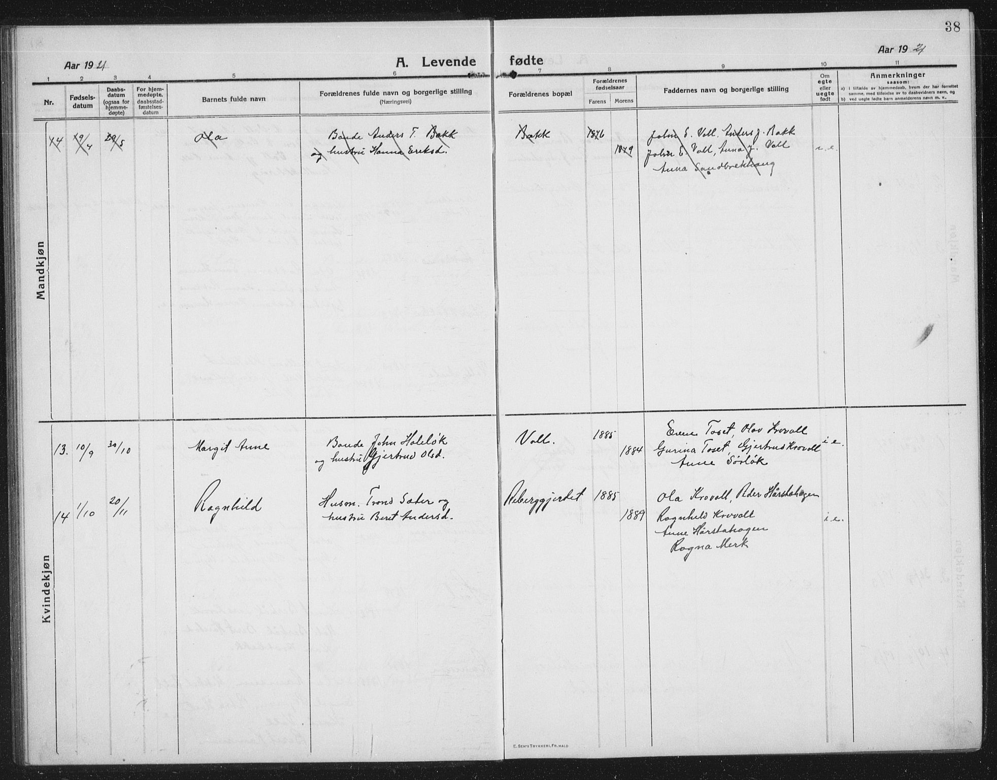Ministerialprotokoller, klokkerbøker og fødselsregistre - Sør-Trøndelag, SAT/A-1456/674/L0877: Parish register (copy) no. 674C04, 1913-1940, p. 38