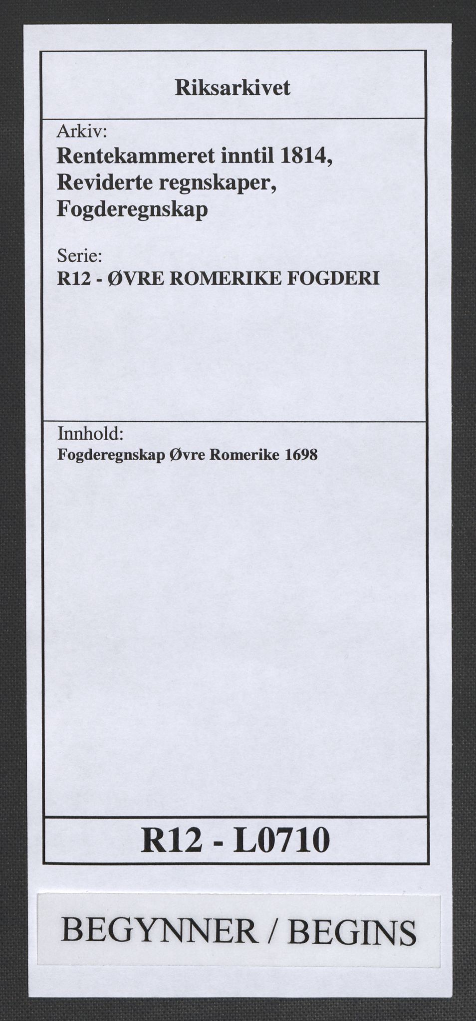 Rentekammeret inntil 1814, Reviderte regnskaper, Fogderegnskap, AV/RA-EA-4092/R12/L0710: Fogderegnskap Øvre Romerike, 1698, p. 1