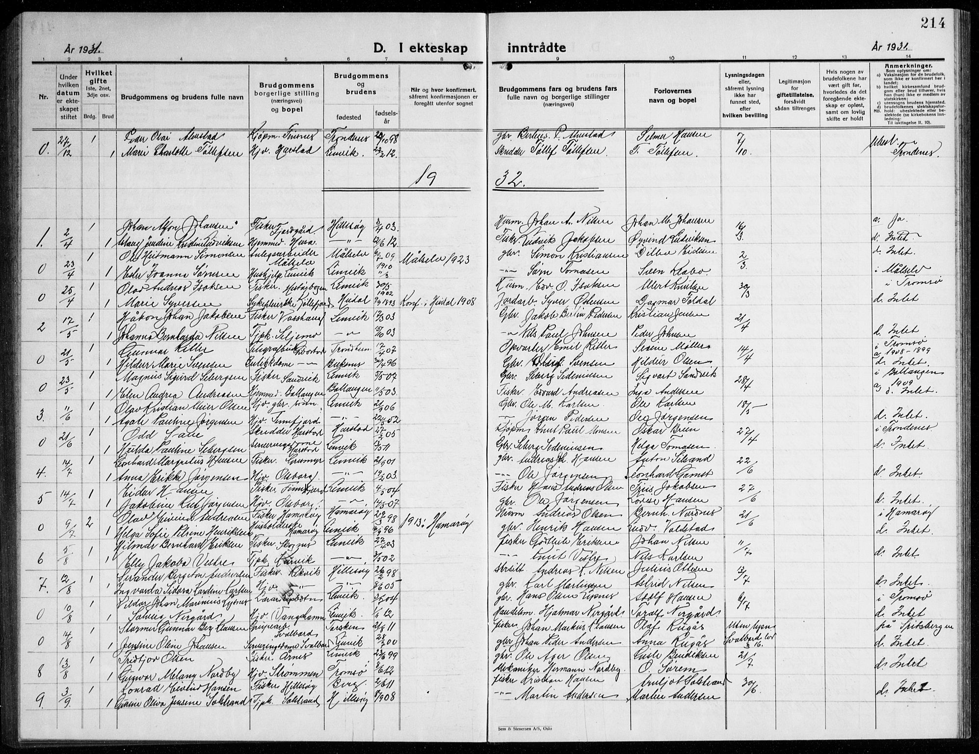 Lenvik sokneprestembete, AV/SATØ-S-1310/H/Ha/Hab/L0010klokker: Parish register (copy) no. 10, 1927-1945, p. 214