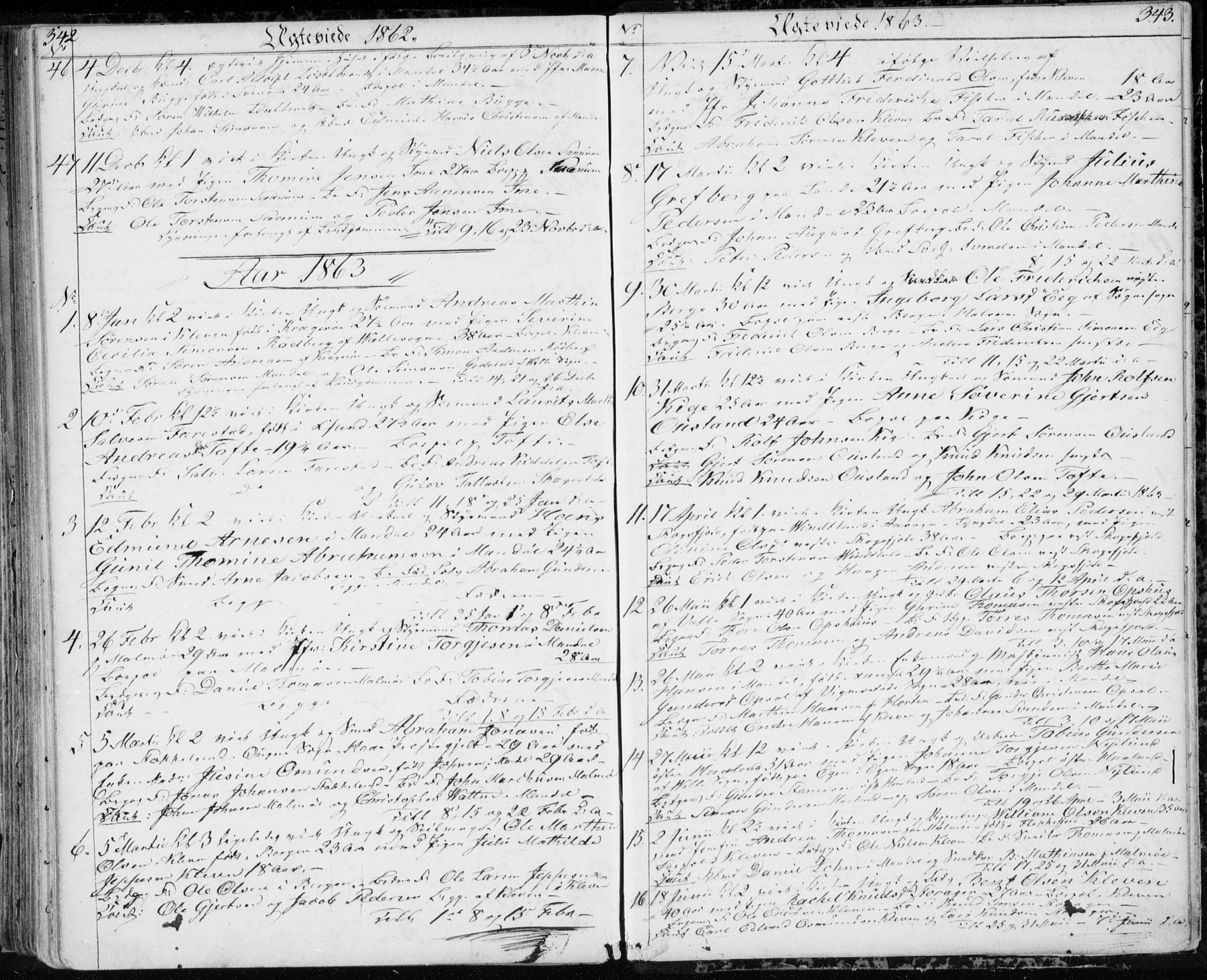 Mandal sokneprestkontor, AV/SAK-1111-0030/F/Fb/Fba/L0008: Parish register (copy) no. B 2, 1854-1868, p. 342-343