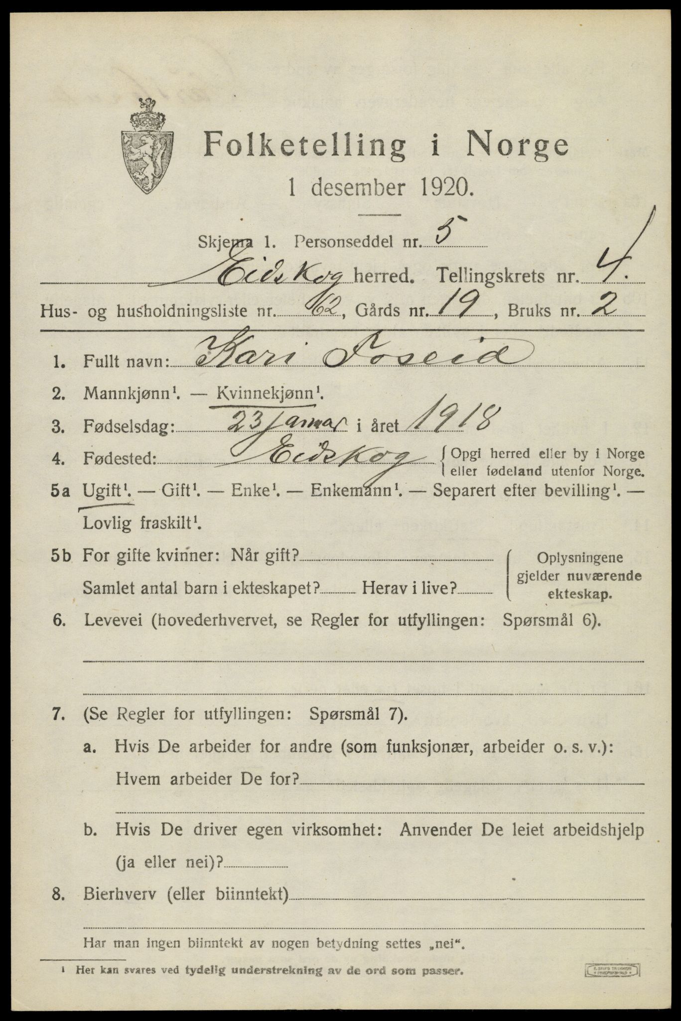 SAH, 1920 census for Eidskog, 1920, p. 5481