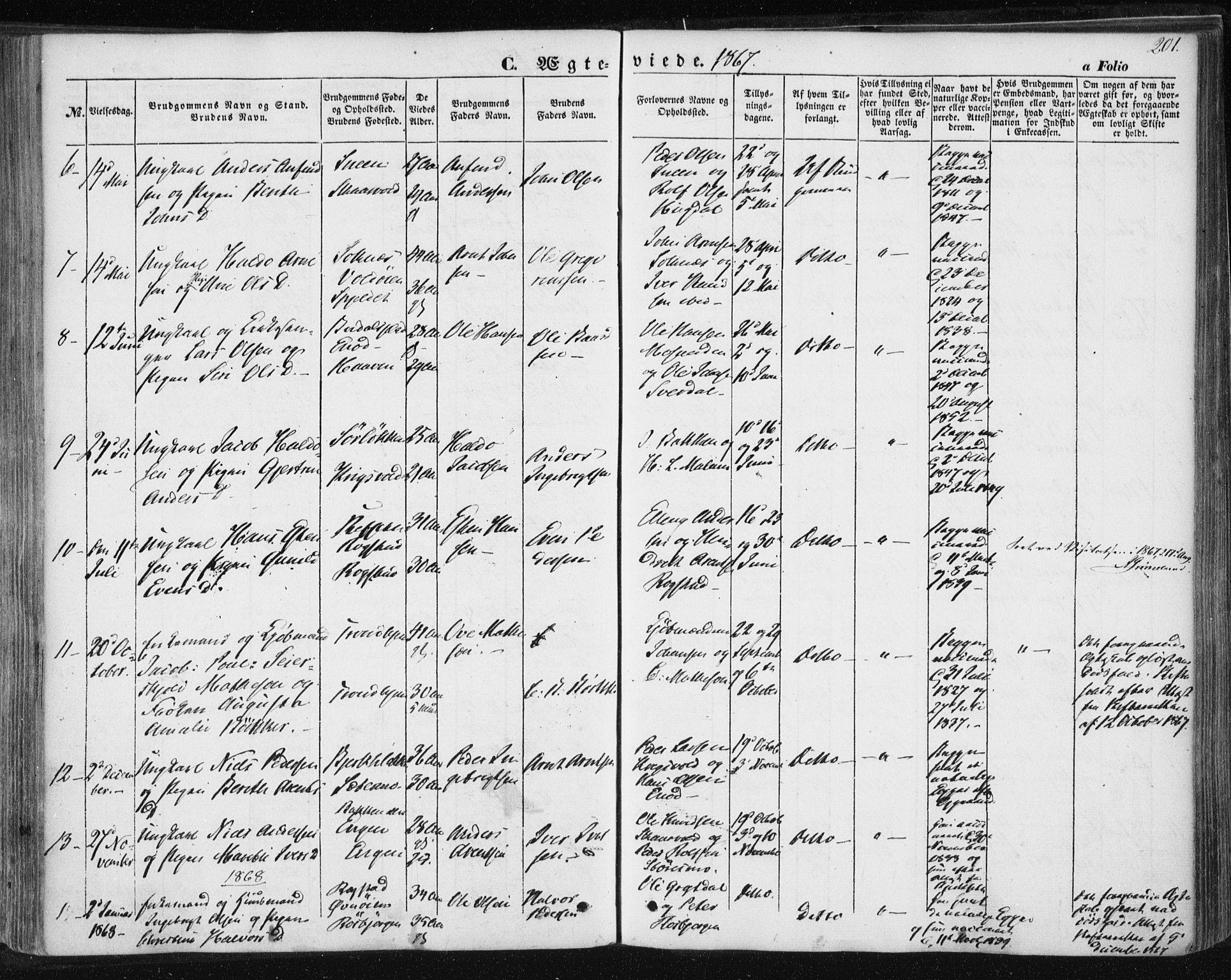 Ministerialprotokoller, klokkerbøker og fødselsregistre - Sør-Trøndelag, SAT/A-1456/687/L1000: Parish register (official) no. 687A06, 1848-1869, p. 201