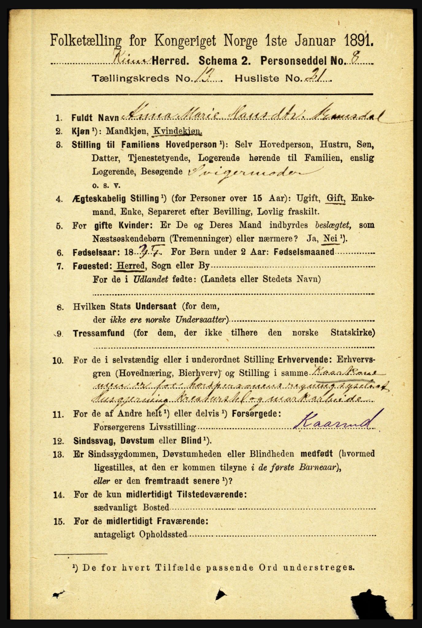 RA, 1891 census for 1437 Kinn, 1891, p. 5212