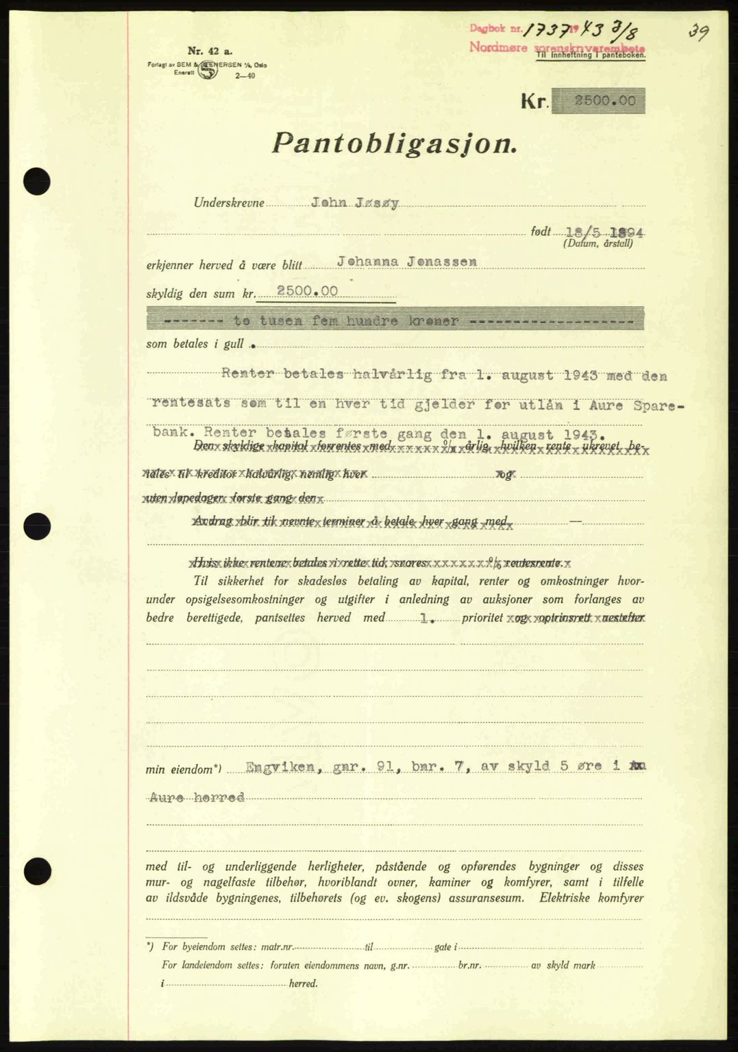 Nordmøre sorenskriveri, AV/SAT-A-4132/1/2/2Ca: Mortgage book no. B91, 1943-1944, Diary no: : 1737/1943