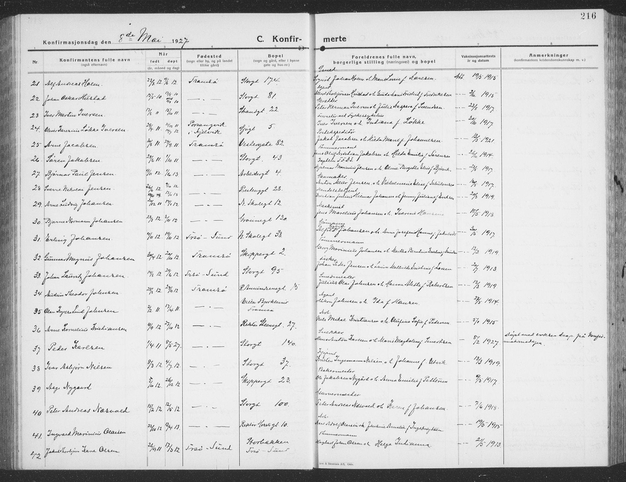 Tromsø sokneprestkontor/stiftsprosti/domprosti, AV/SATØ-S-1343/G/Gb/L0010klokker: Parish register (copy) no. 10, 1925-1937, p. 216