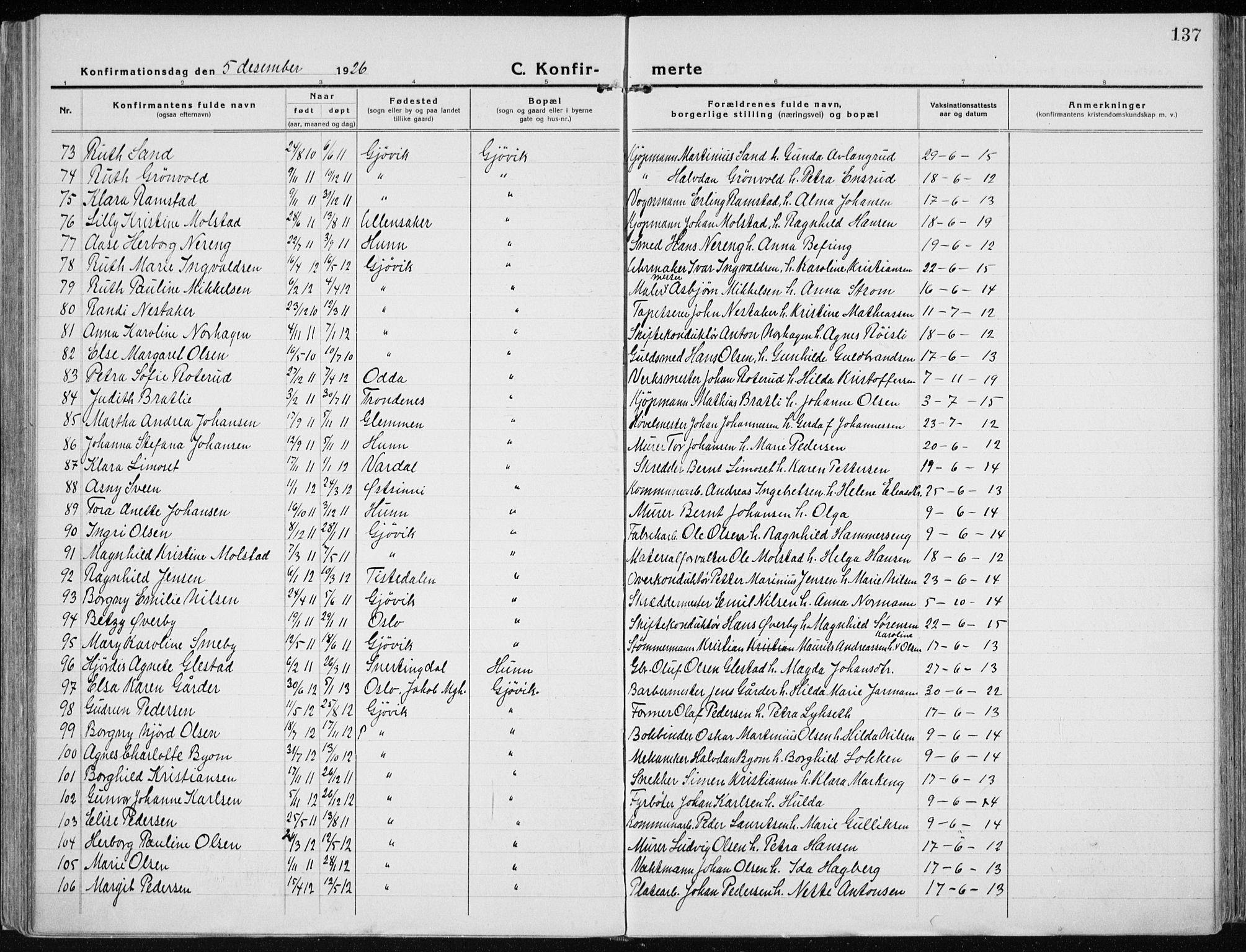 Vardal prestekontor, SAH/PREST-100/H/Ha/Haa/L0015: Parish register (official) no. 15, 1923-1937, p. 137