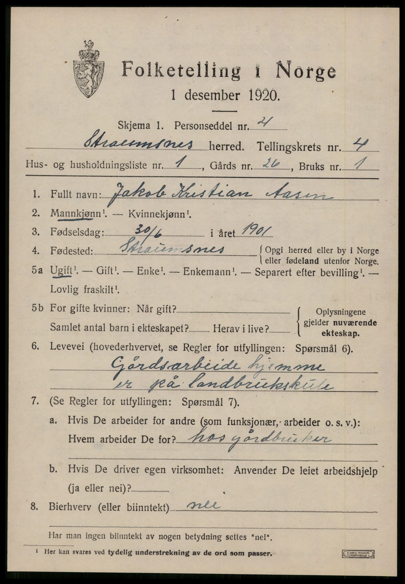 SAT, 1920 census for Straumsnes, 1920, p. 1549