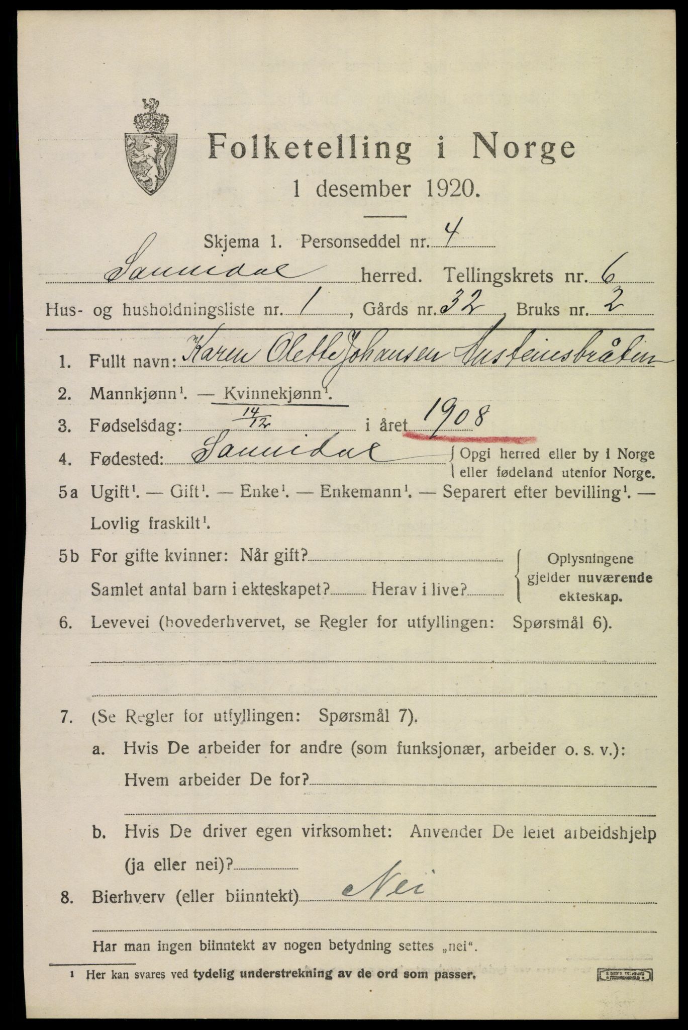 SAKO, 1920 census for Sannidal, 1920, p. 4681