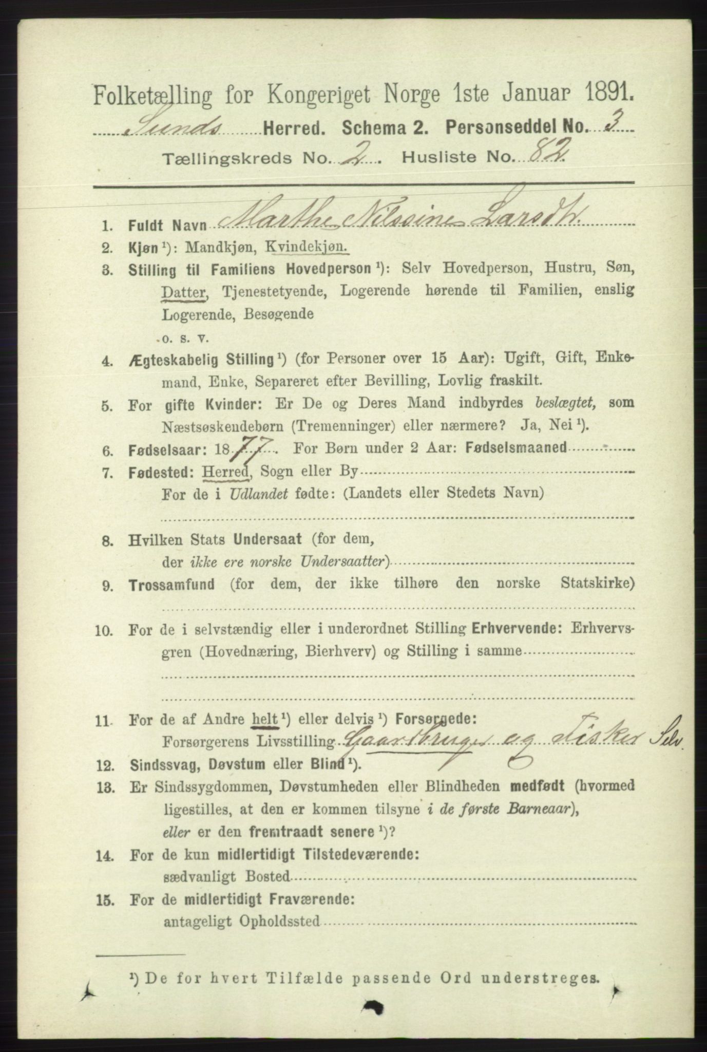 RA, 1891 census for 1245 Sund, 1891, p. 1121