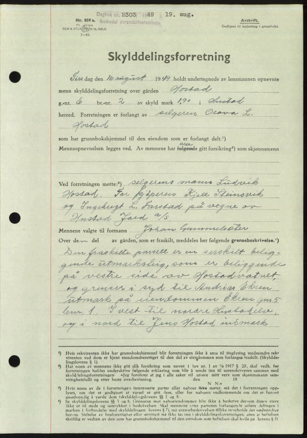 Romsdal sorenskriveri, AV/SAT-A-4149/1/2/2C: Mortgage book no. A30, 1949-1949, Diary no: : 2303/1949