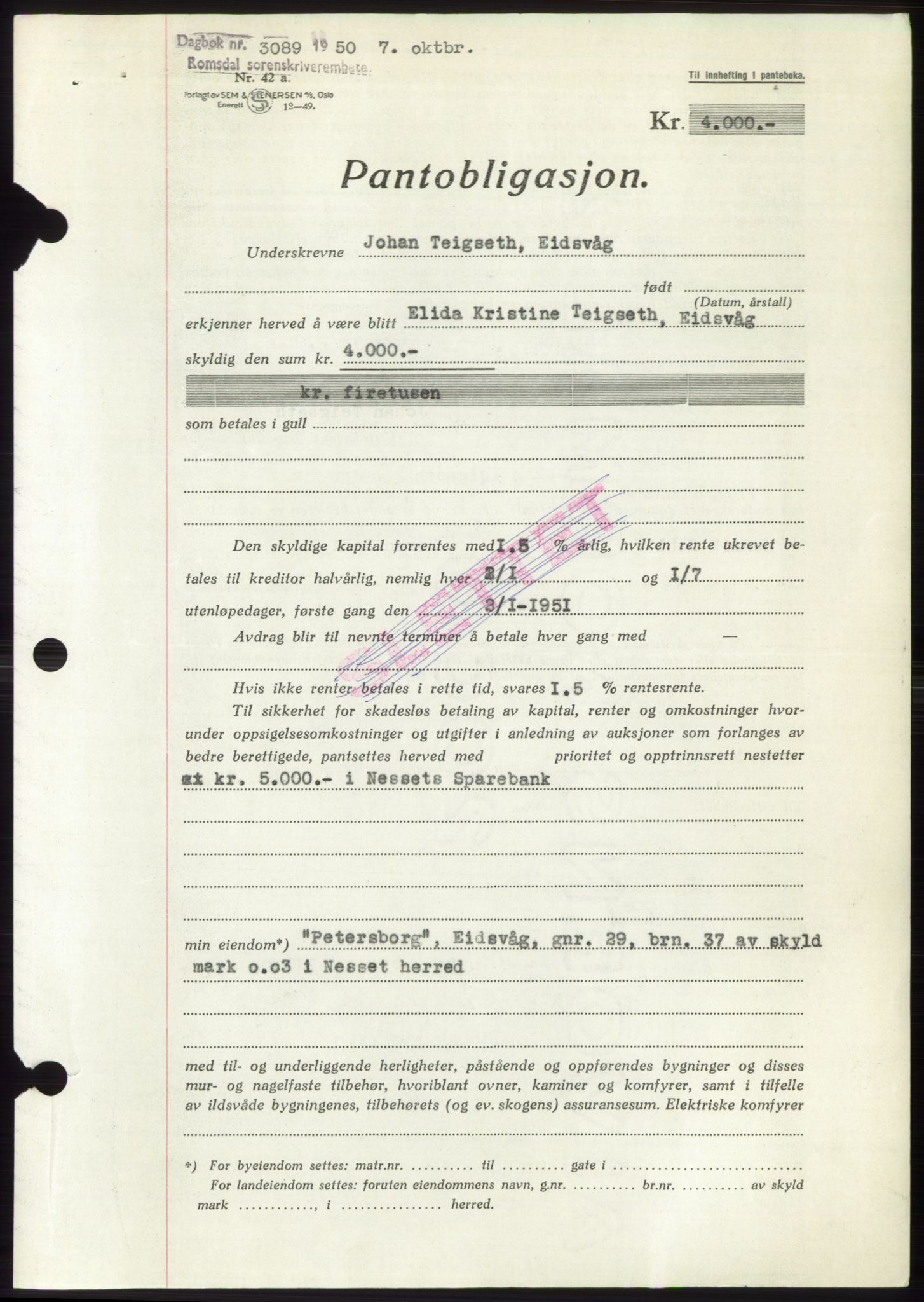 Romsdal sorenskriveri, AV/SAT-A-4149/1/2/2C: Mortgage book no. B5, 1949-1950, Diary no: : 3089/1950