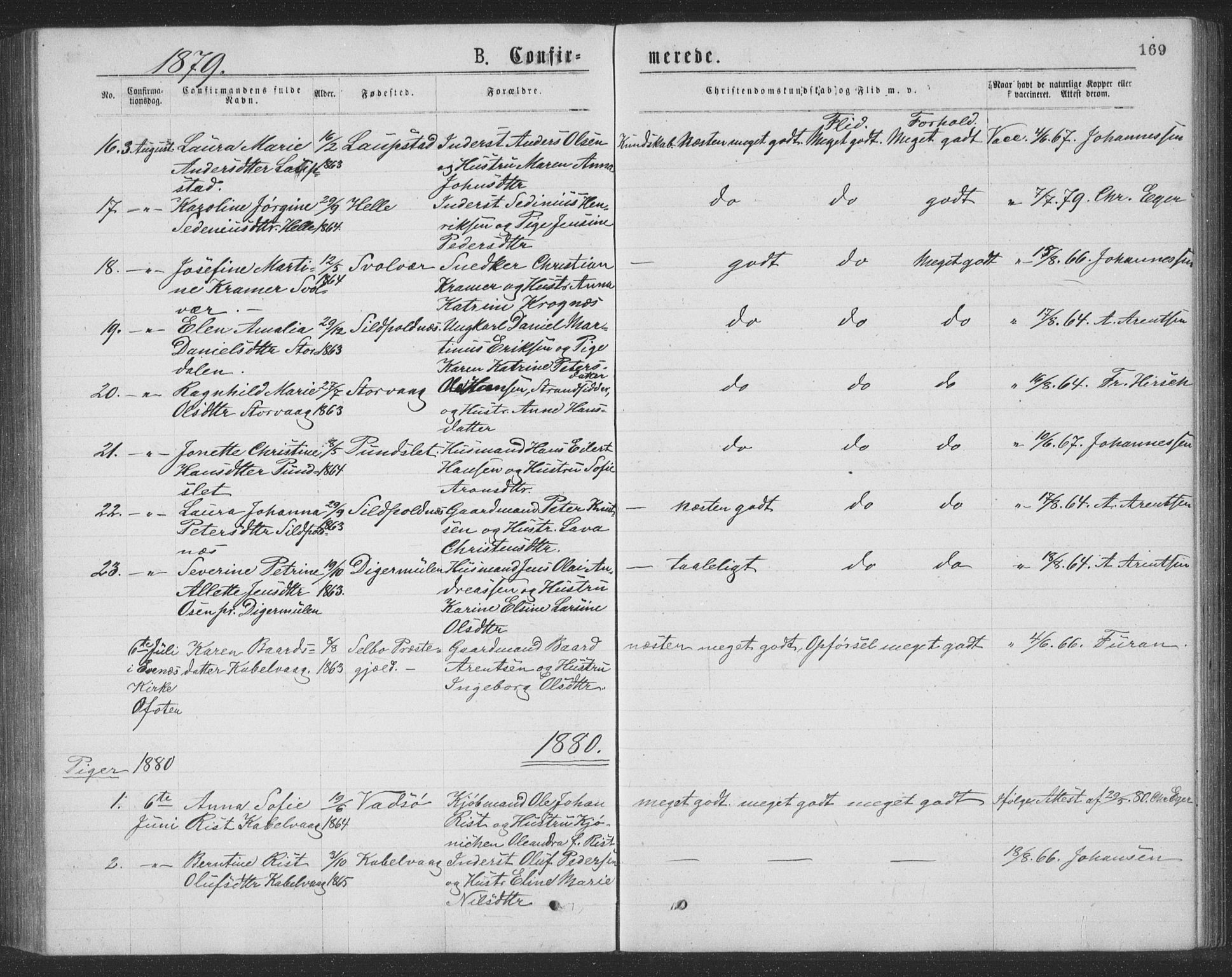 Ministerialprotokoller, klokkerbøker og fødselsregistre - Nordland, AV/SAT-A-1459/874/L1075: Parish register (copy) no. 874C04, 1876-1883, p. 169