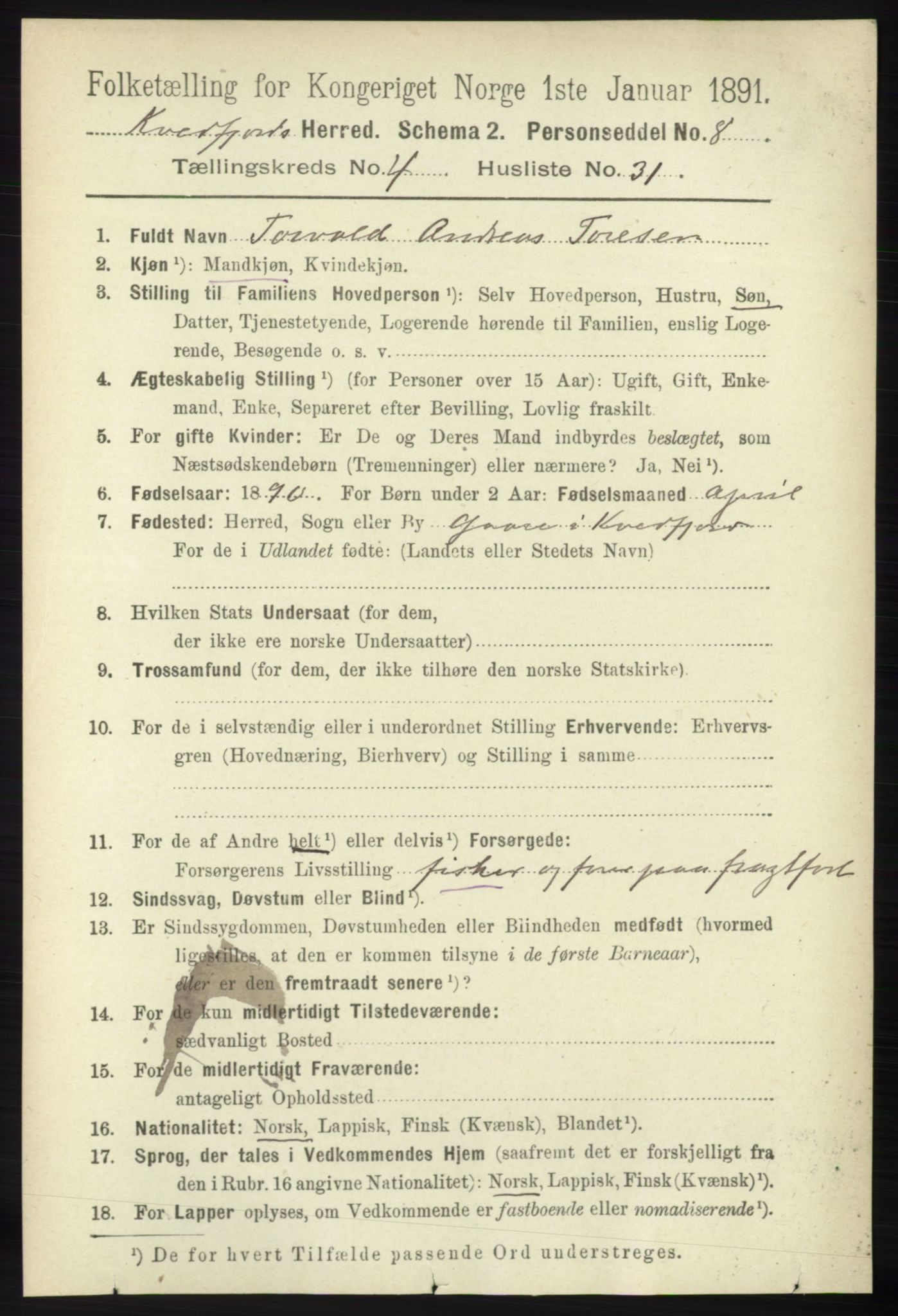 RA, 1891 census for 1911 Kvæfjord, 1891, p. 2098