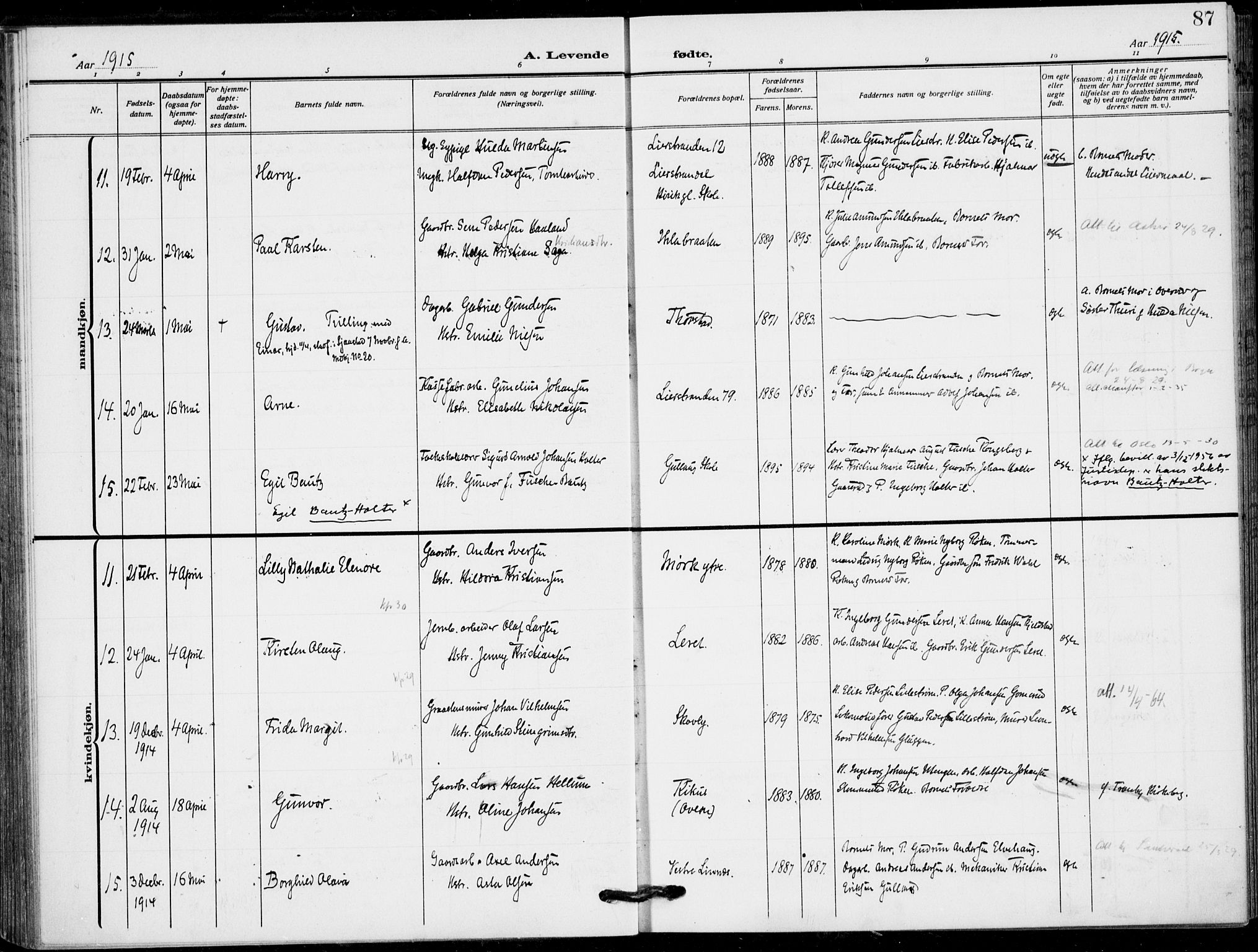 Lier kirkebøker, AV/SAKO-A-230/F/Fa/L0018: Parish register (official) no. I 18, 1909-1917, p. 87