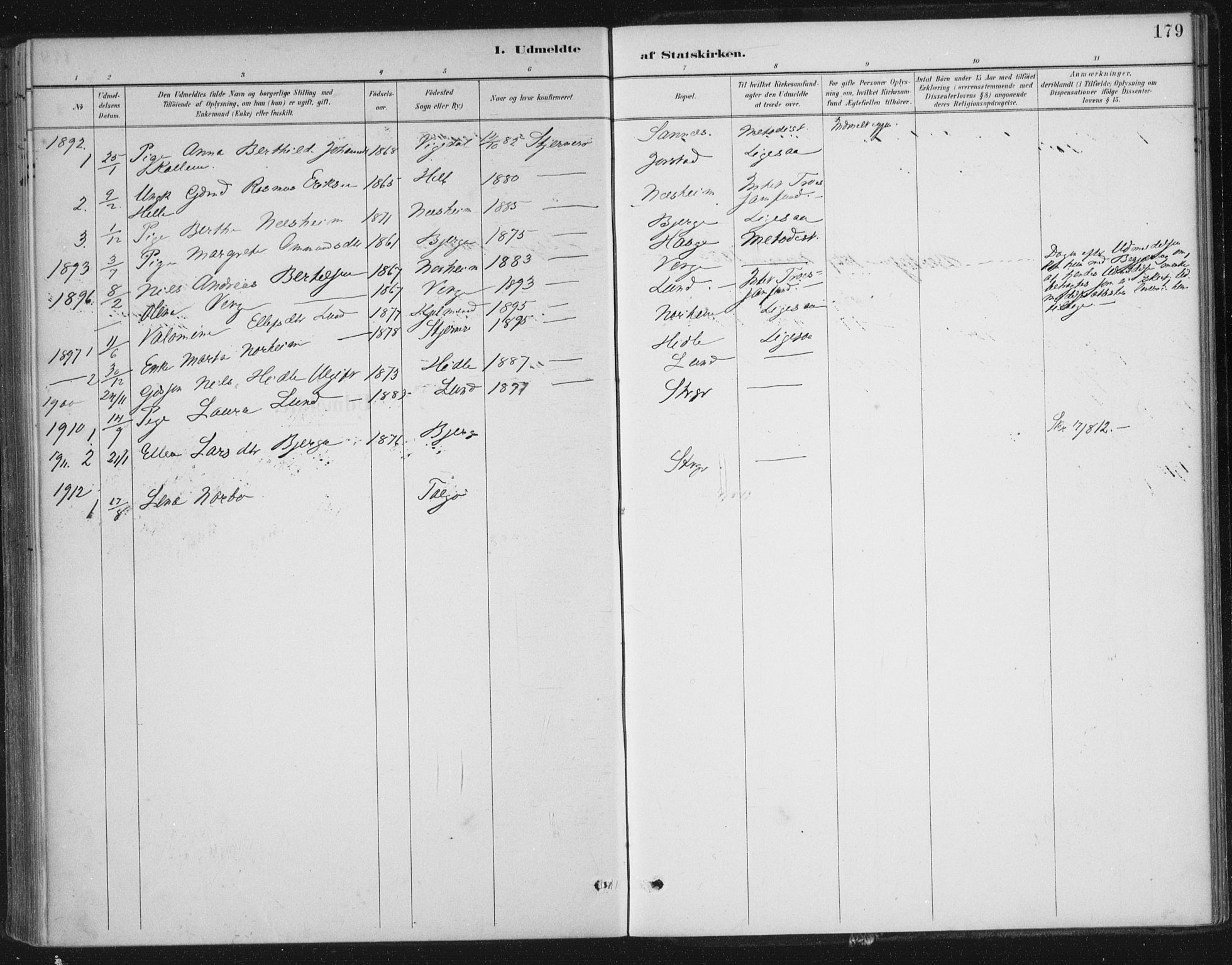 Nedstrand sokneprestkontor, AV/SAST-A-101841/01/IV: Parish register (official) no. A 13, 1887-1915, p. 179