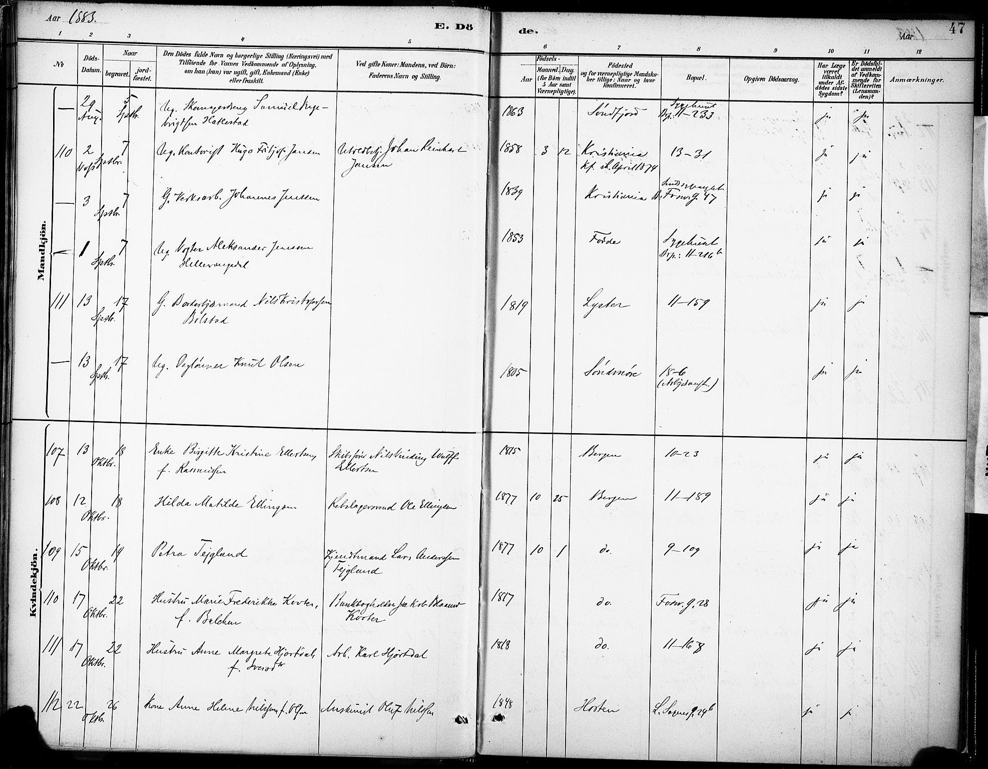 Domkirken sokneprestembete, AV/SAB-A-74801/H/Haa/L0043: Parish register (official) no. E 5, 1882-1904, p. 47