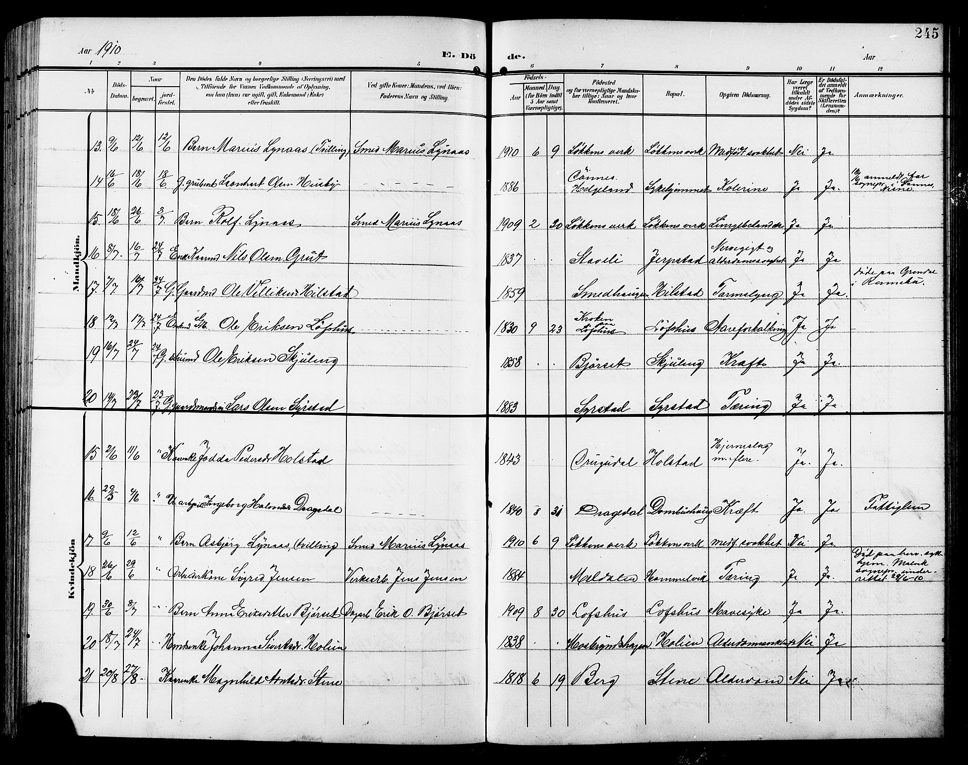 Ministerialprotokoller, klokkerbøker og fødselsregistre - Sør-Trøndelag, AV/SAT-A-1456/672/L0864: Parish register (copy) no. 672C03, 1902-1914, p. 245