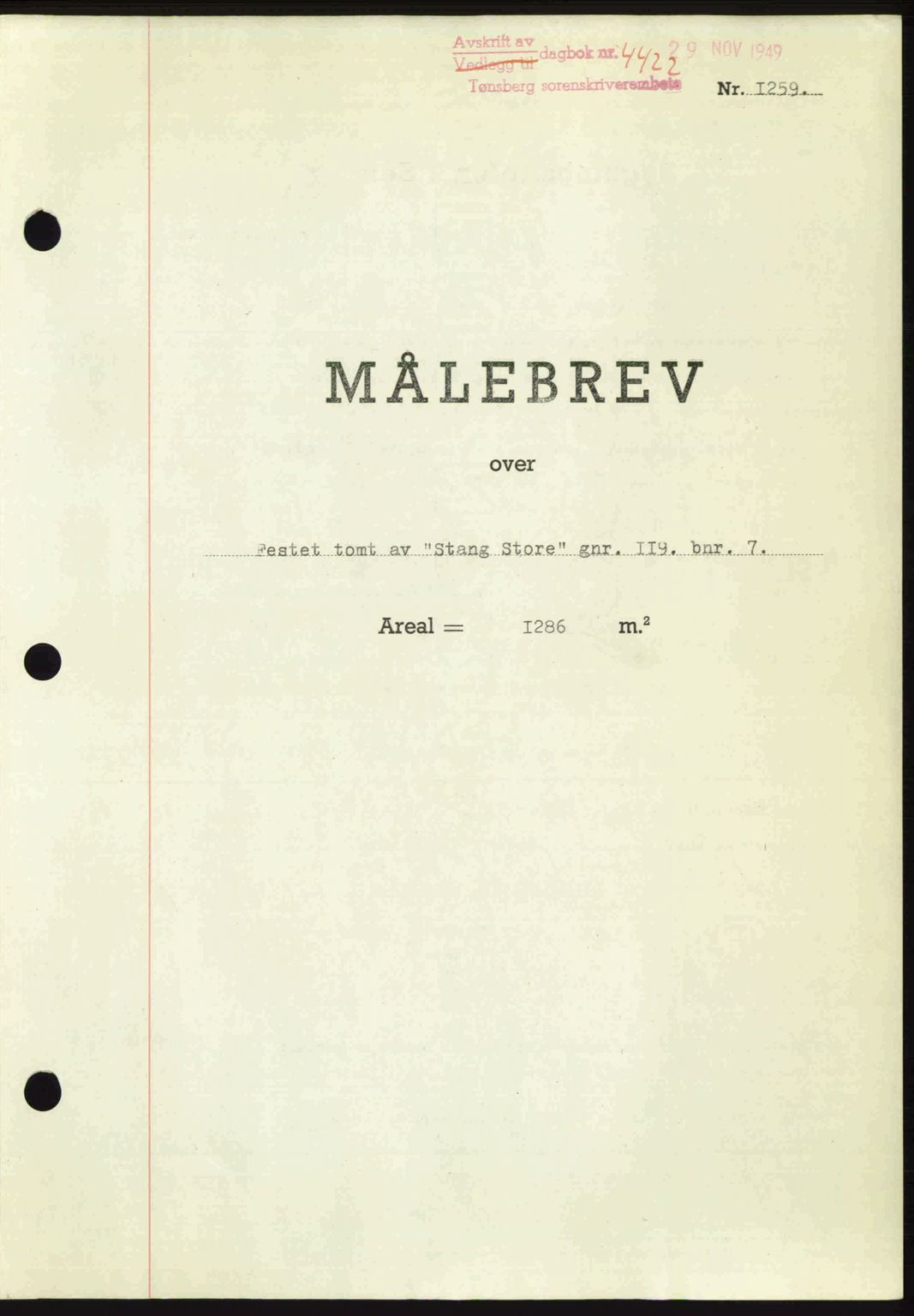 Tønsberg sorenskriveri, AV/SAKO-A-130/G/Ga/Gac/L0002: Mortgage book no. Ab, 1946-1950, Diary no: : 4422/1949
