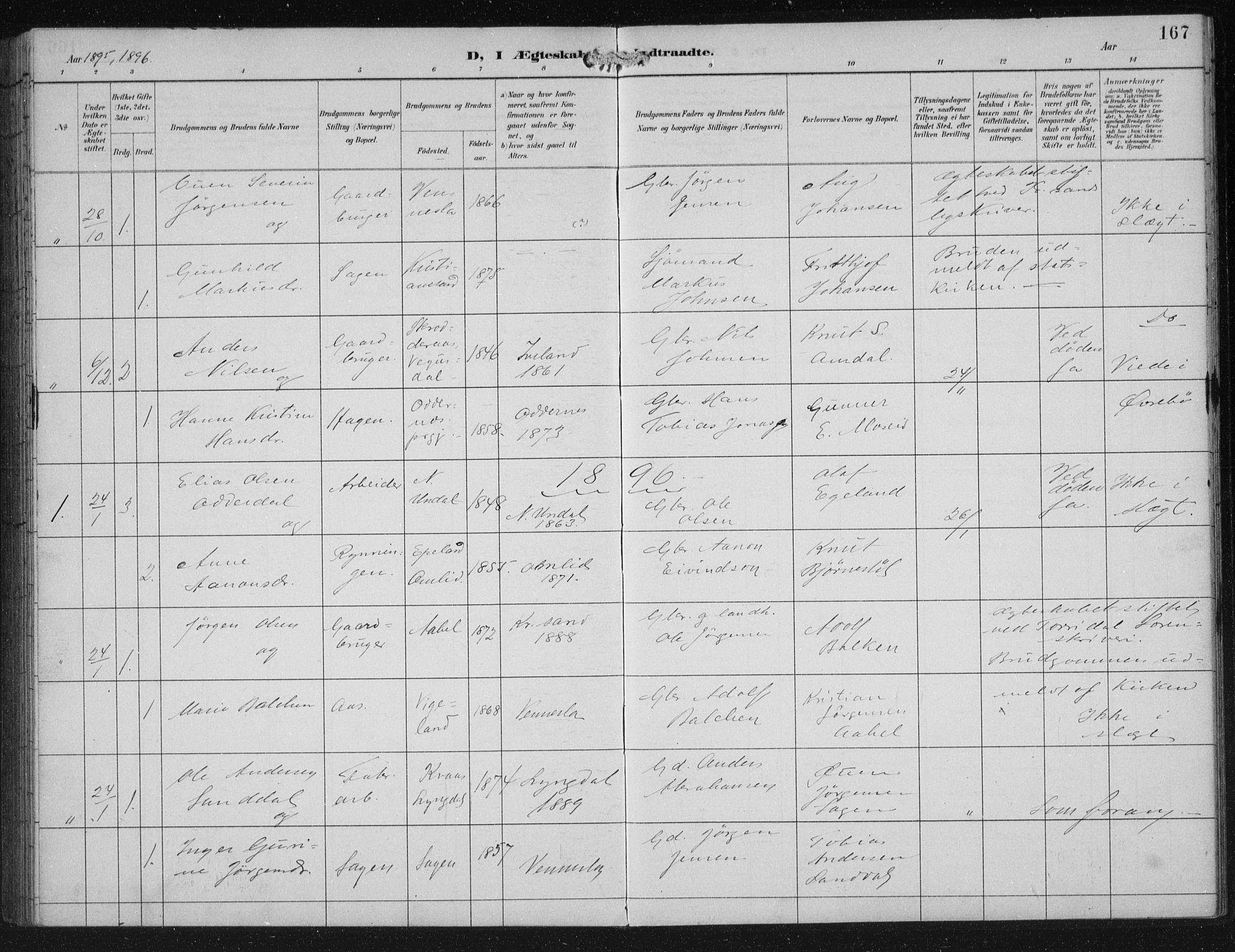 Vennesla sokneprestkontor, SAK/1111-0045/Fb/Fbb/L0004: Parish register (copy) no. B 4, 1893-1902, p. 167