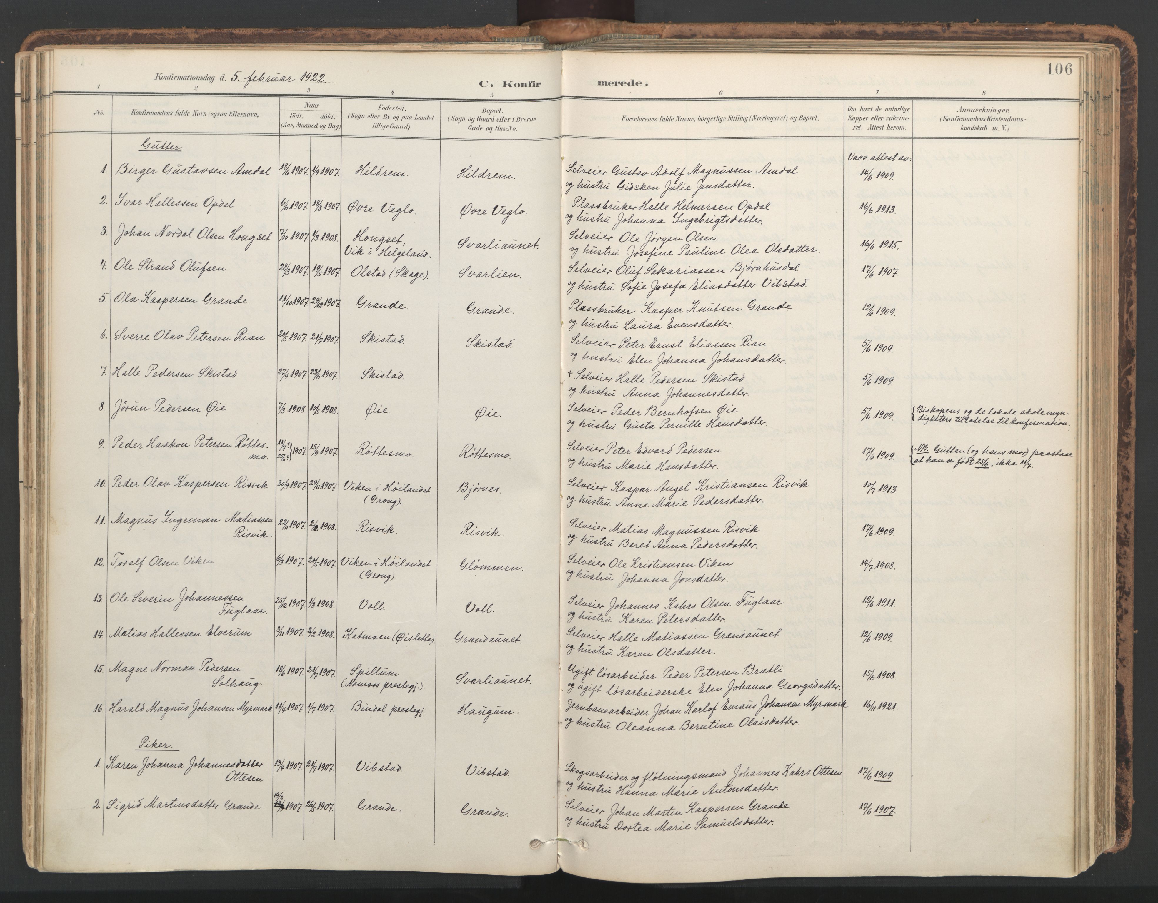Ministerialprotokoller, klokkerbøker og fødselsregistre - Nord-Trøndelag, SAT/A-1458/764/L0556: Parish register (official) no. 764A11, 1897-1924, p. 106