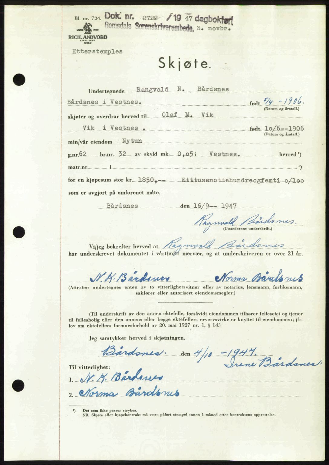 Romsdal sorenskriveri, SAT/A-4149/1/2/2C: Mortgage book no. A24, 1947-1947, Diary no: : 2722/1947